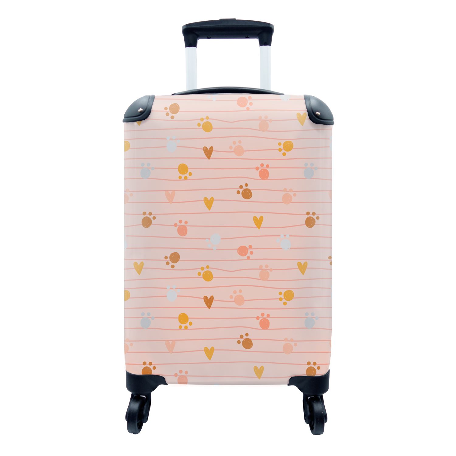 Hintergrund, MuchoWow rollen, rosa für Ferien, 4 farbigen Hund mit Handgepäck mit auf Illustration Handgepäckkoffer Reisekoffer Hundespuren Trolley, Rollen, Reisetasche einem