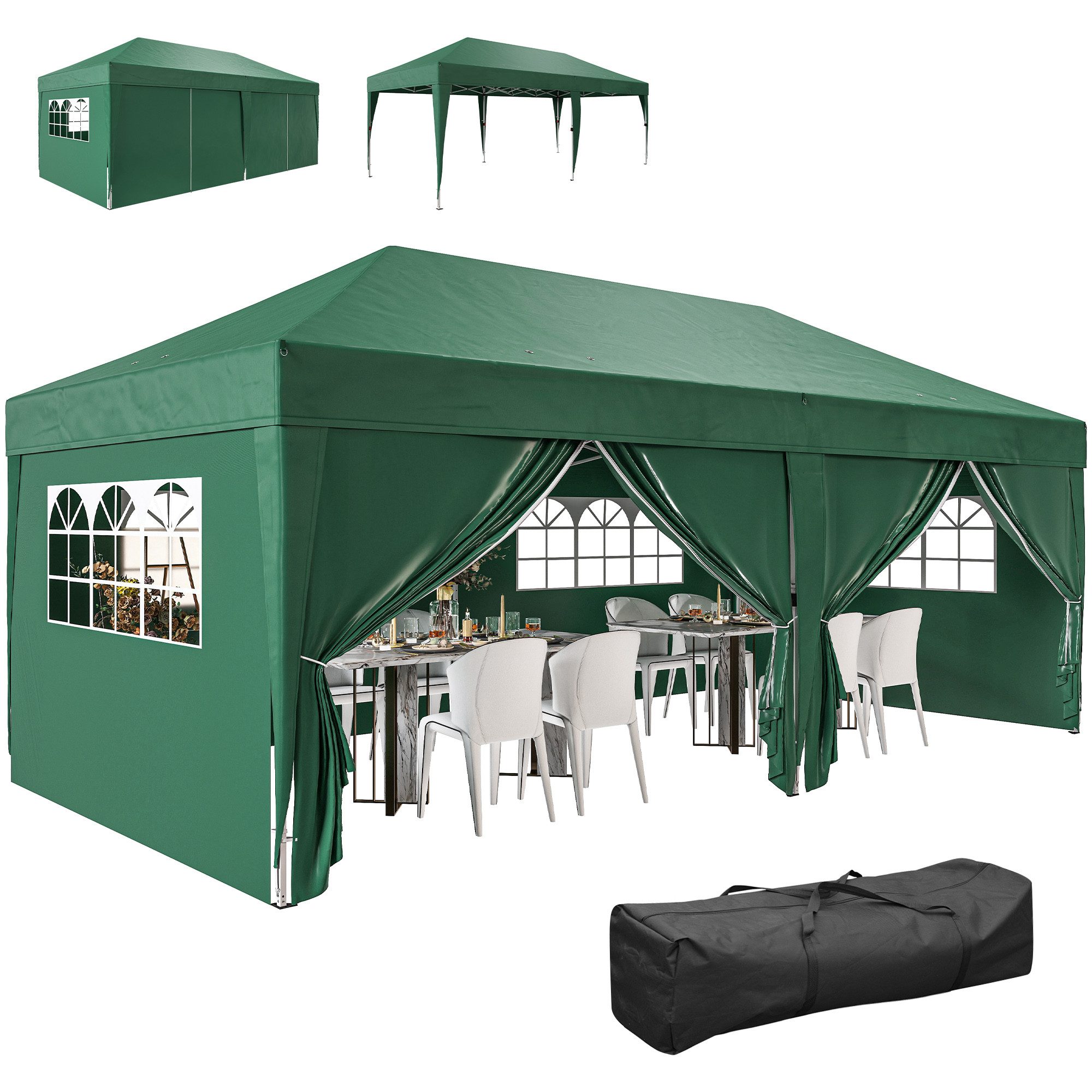 Outsunny Faltpavillon mit Fenster, Reißverschlusstür, Seitenteilen, UV Schutz, mit 6 Seitenteilen, (Pavillon, Partyzelt), für Garten Festival, Dunkelgrün