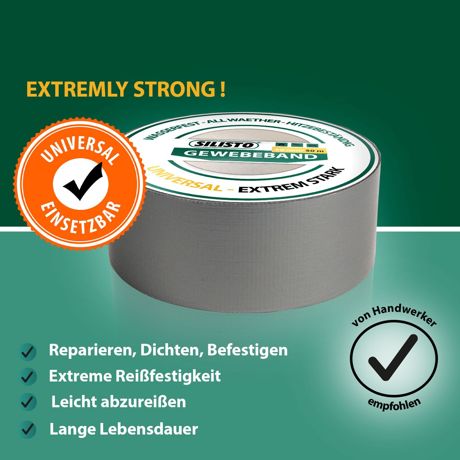 Silisto Klebeband Gewebeband Silber 50mm x 50m extrem reißfest, innen & außen bis 65°C