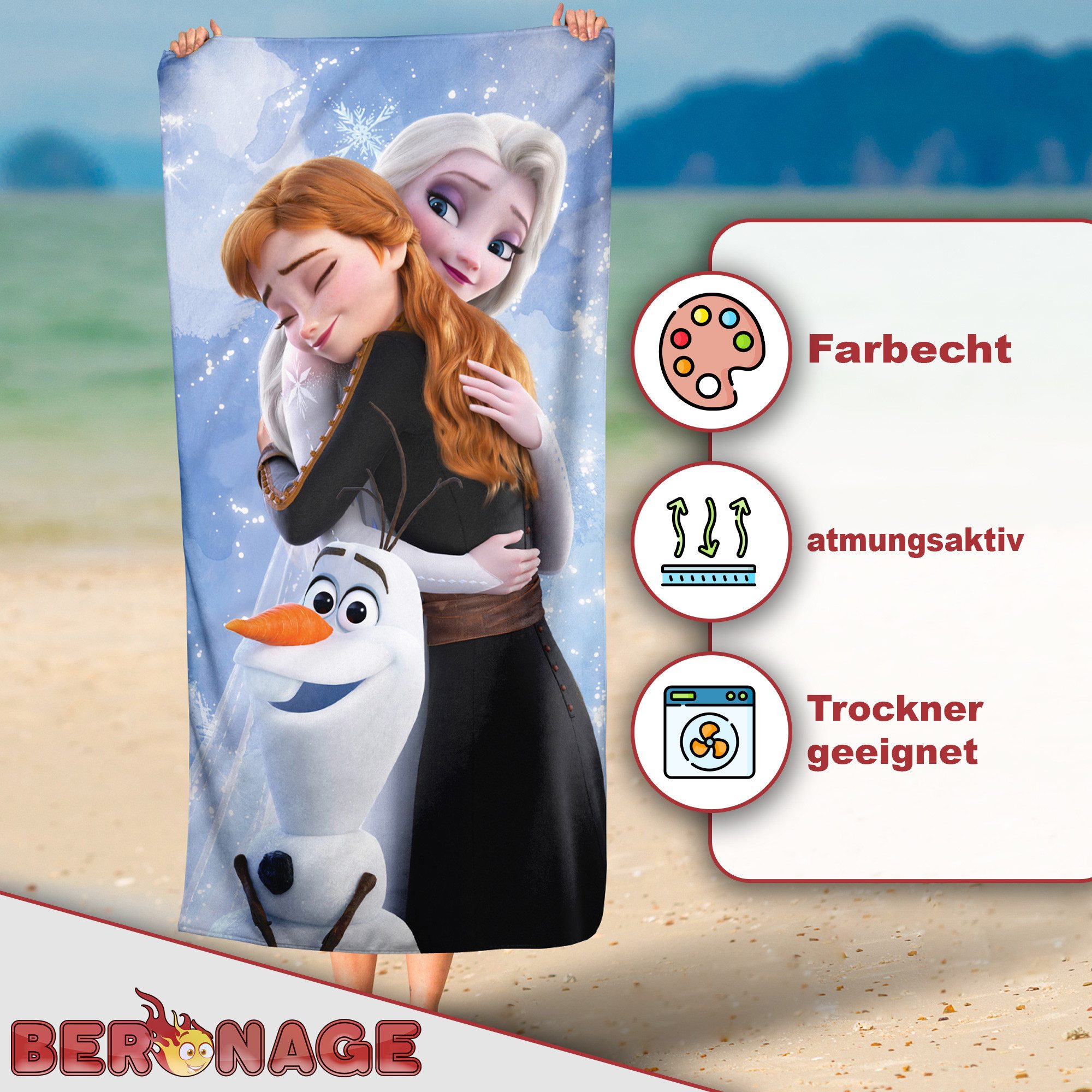 BERONAGE Strandtücher Frozen die Eiskönigin Badetuch Anna, Elsa und Olaf  60x120 cm, 100% Baumwolle (1-St), Frottee in Velours-Qualität