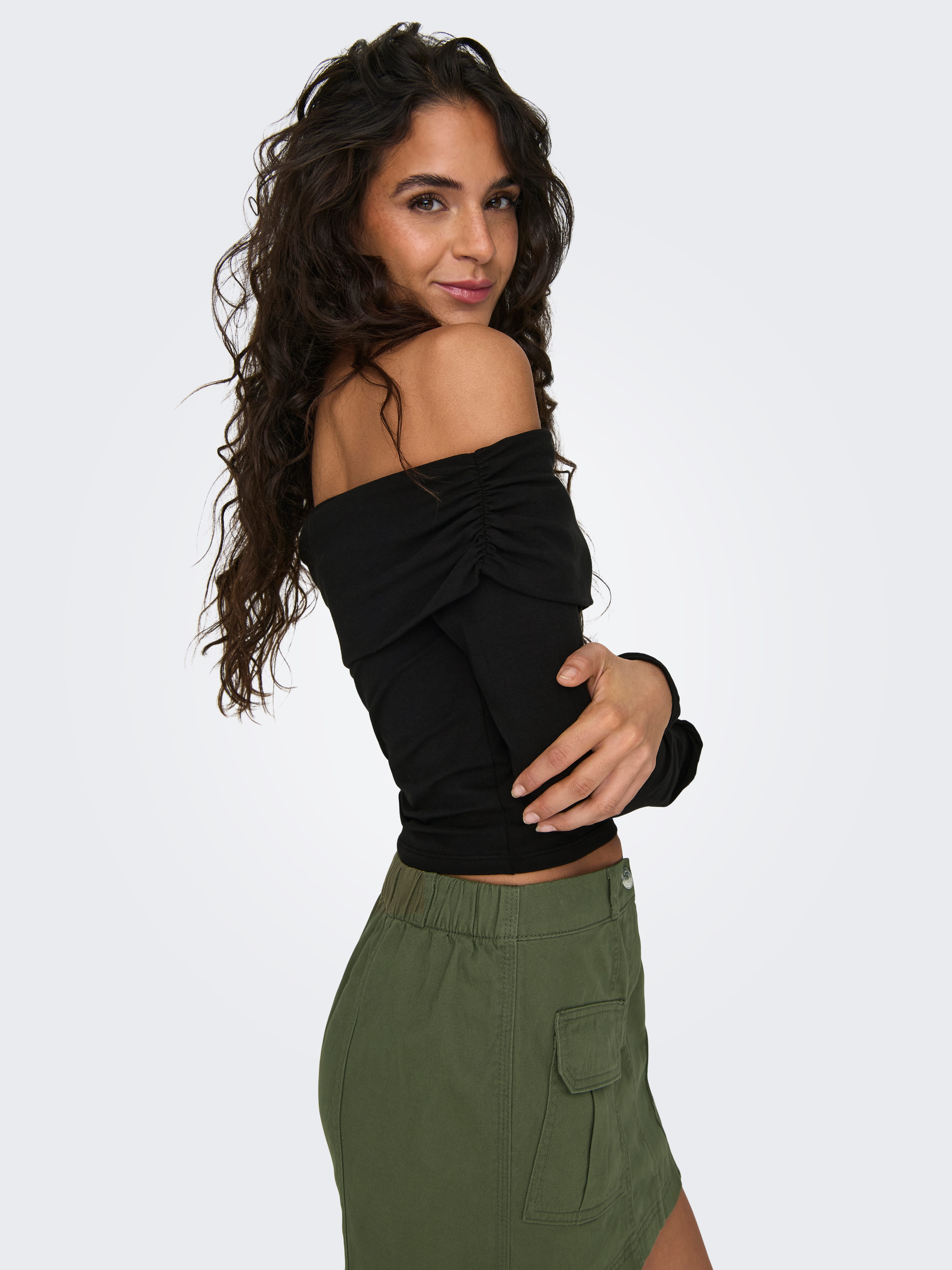 ONLY Langarmshirt ONLLIVE LOVE L/S OFF SHOULDER CS TOP Baumwollmischung, regular fit, cropped fit, schulterfrei