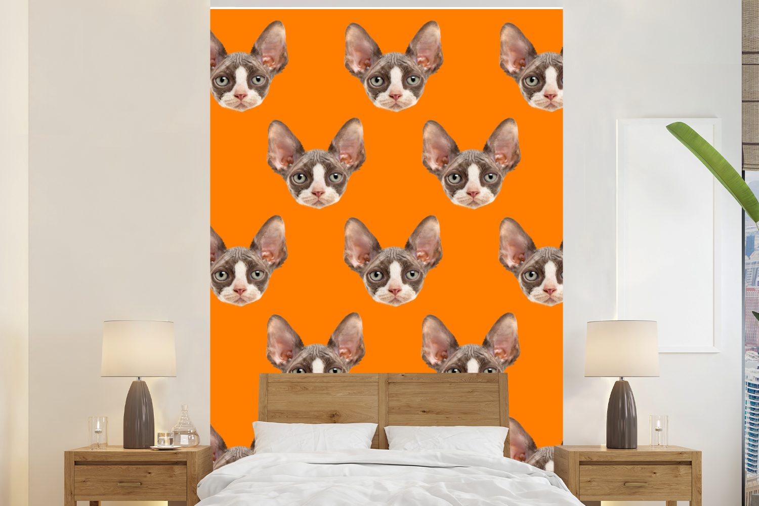 MuchoWow Fototapete Katze - Orange - Muster, Matt, bedruckt, (3 St), Montagefertig Vinyl Tapete für Wohnzimmer, Wandtapete