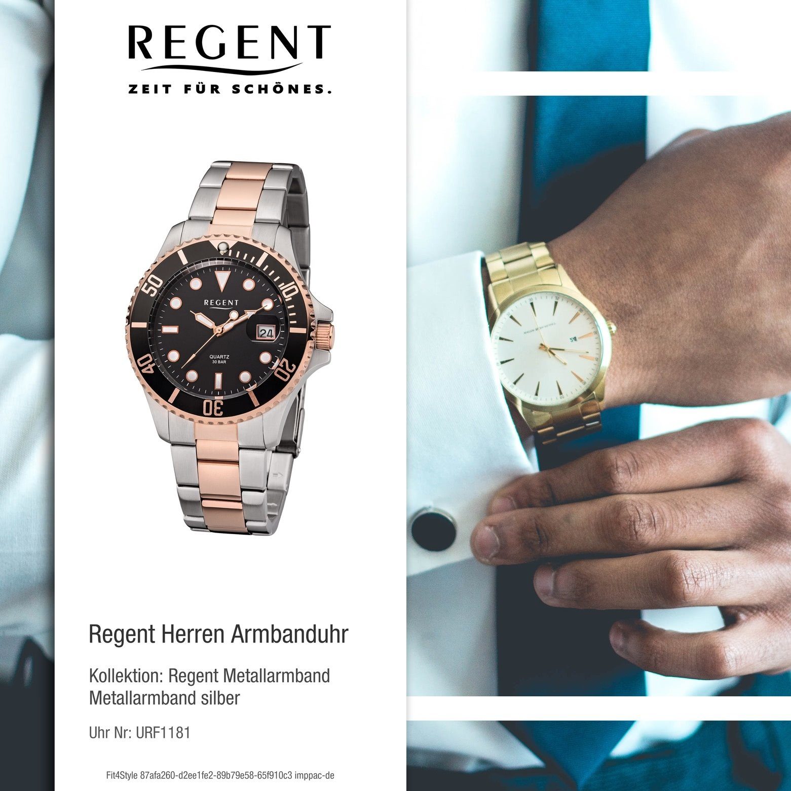 Regent Herren 40mm), Herren Quarz, groß Armbanduhr Regent (ca. Metall F-1181 Quarzuhr Metallarmband Uhr rund,