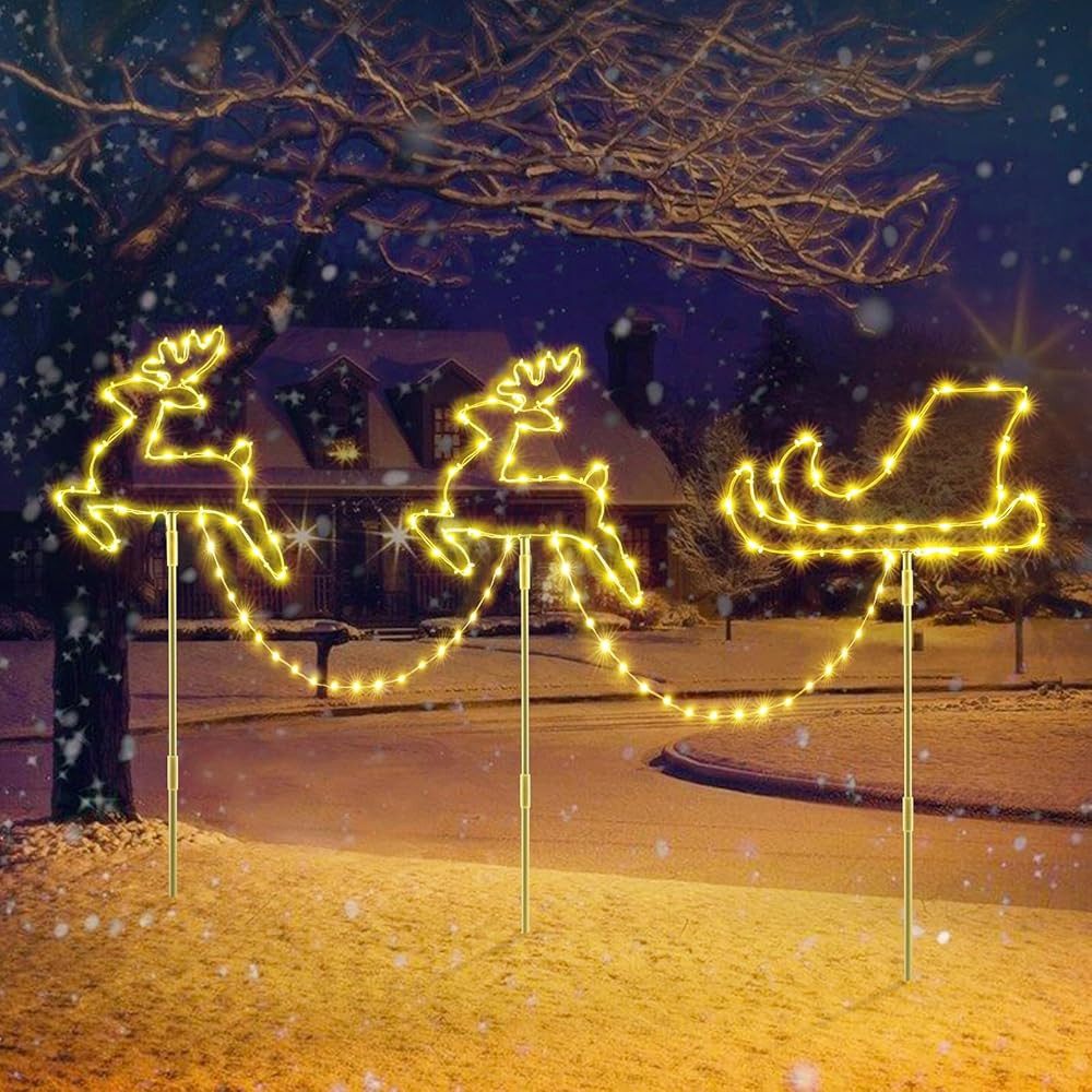 Quntis LED-Lichterkette Weihnachtsdeko Gartenstecker mit Timer, Weihnachtsbeleuchtung Garten, Rentierschlitten Warmweiß/Bunt 8 Modi für Garten, Außen, Rasen