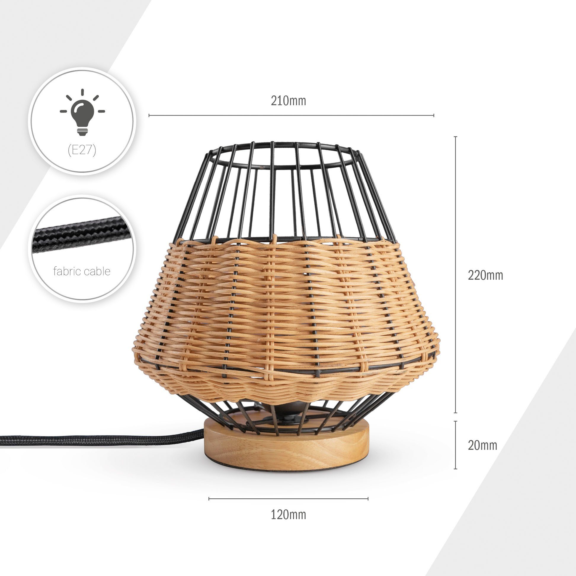 PUNTO, Holz Rattan Leuchtmittel, Paco Käfig Tischleuchte LED Lampe Home Rustikal ohne Nacht Boho Style E27