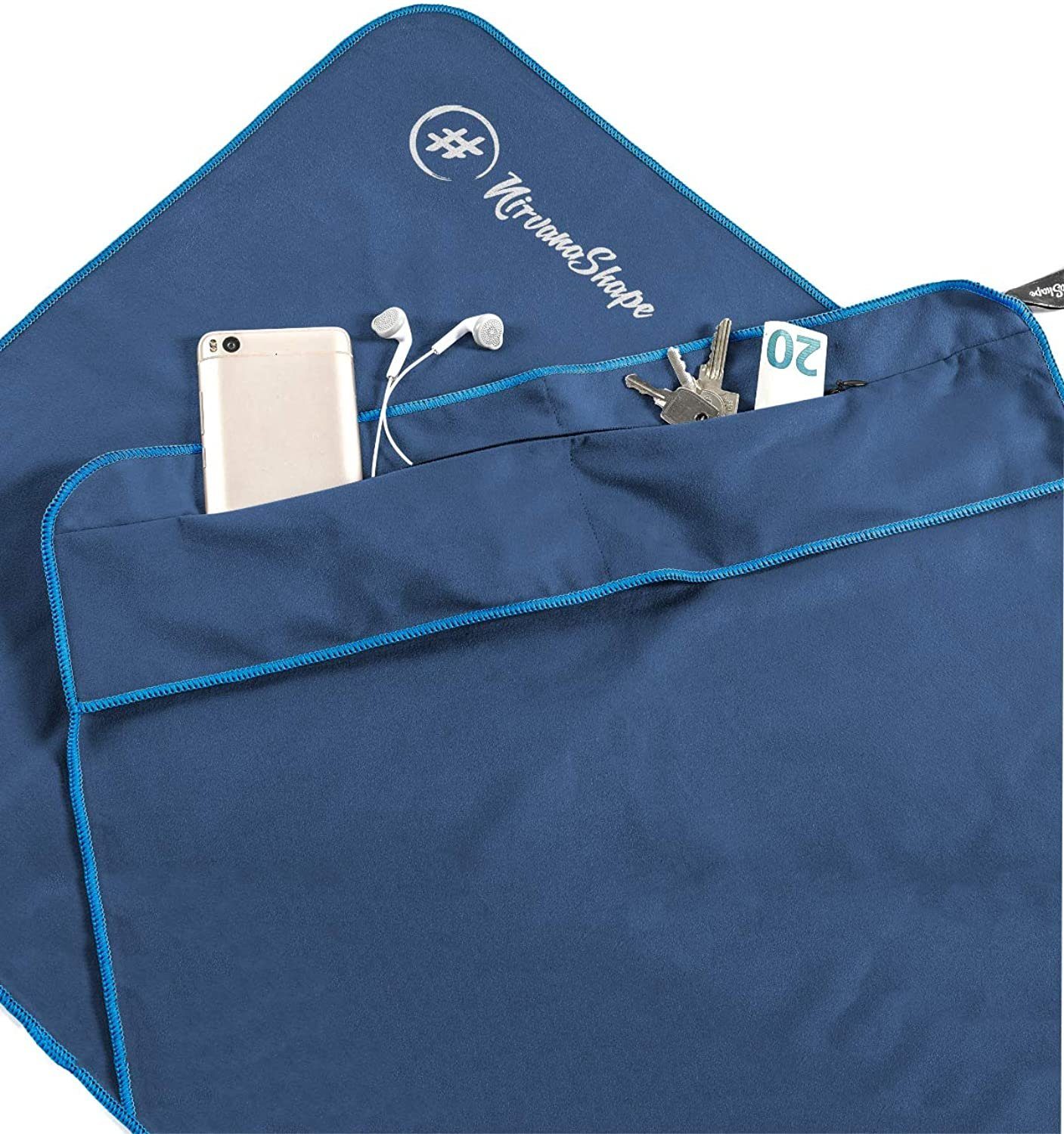 NirvanaShape Sporthandtuch Fitness-Handtuch mit Magnet-Clip, Mikrofaser Sporthandtuch, Microfaser, 2x Reißverschlusstaschen & Funktionaler Geräteüberzug, Ultra-Saugfähig Blau / Blauer Rand