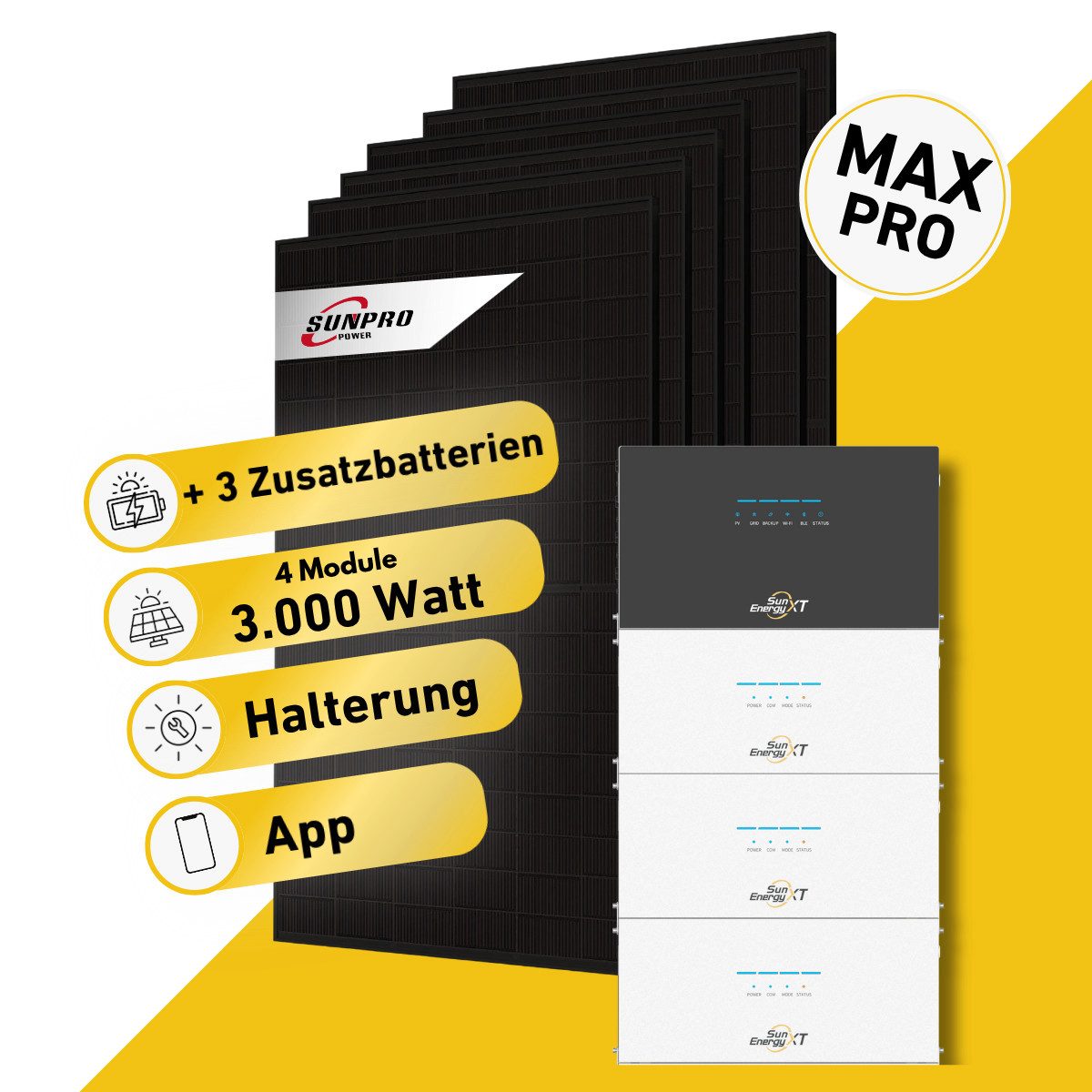 Balkonstrom Balkonkraftwerk MAX Pro 3000 Watt Solaranlage mit Speicher Komplettset Bifazial, 3000 W, Monokristallin, (6x Sunpro Solarmodul á 500 Watt, 1x Hoymiles HiBattery 4020 X, 1-3 Zusatzspeicher HB-4020-S), Halterung für Dach, Fassade, Balkon & Garten, App & Plug&Play DE