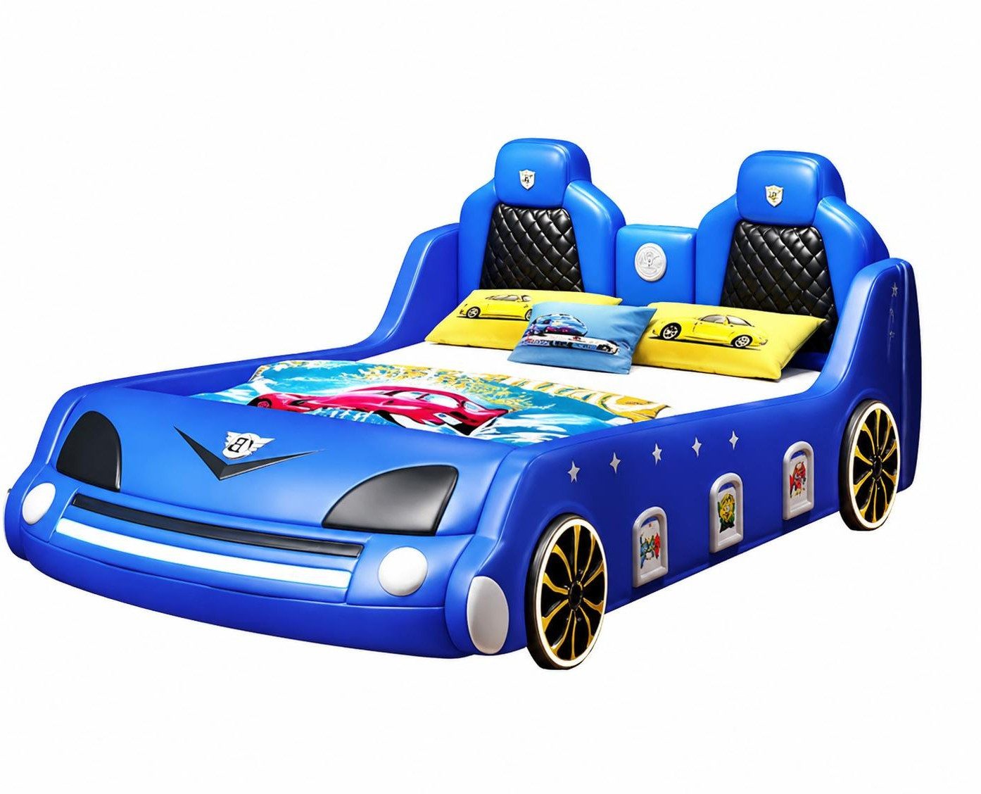 Xlmoebel Autobett Blaues Auto-Kinderbett mit LED und Bluetooth-Lautsprechern, Made in Europa