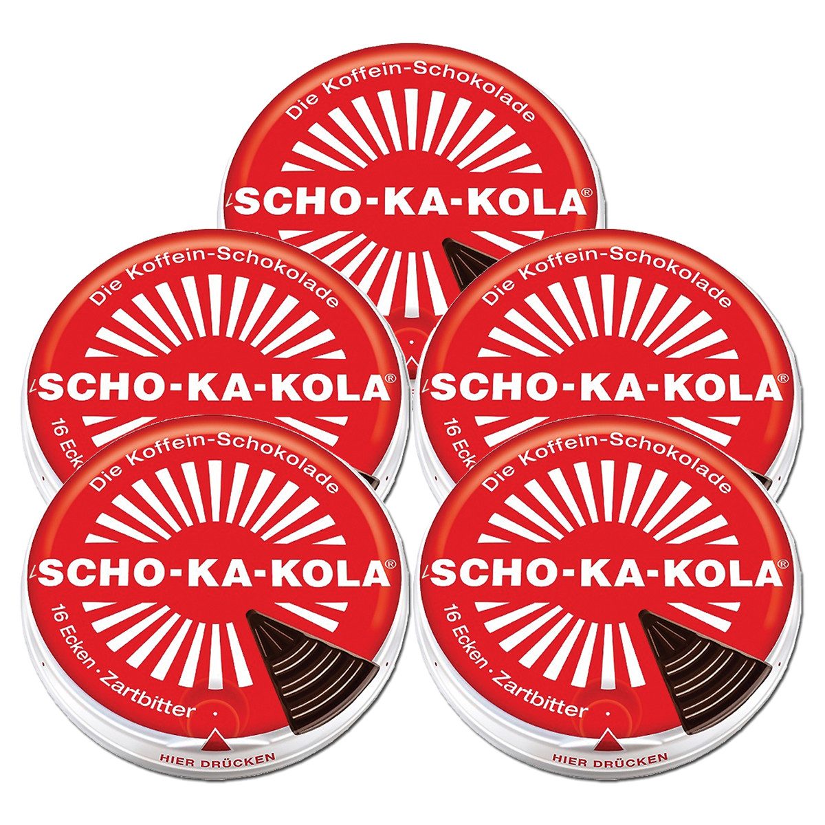 SCHO-KA-KOLA Schokolade, SCHO KA KOLA die Dose mit 16 Ecken Zartbitterschokolade 100g 5er Pack