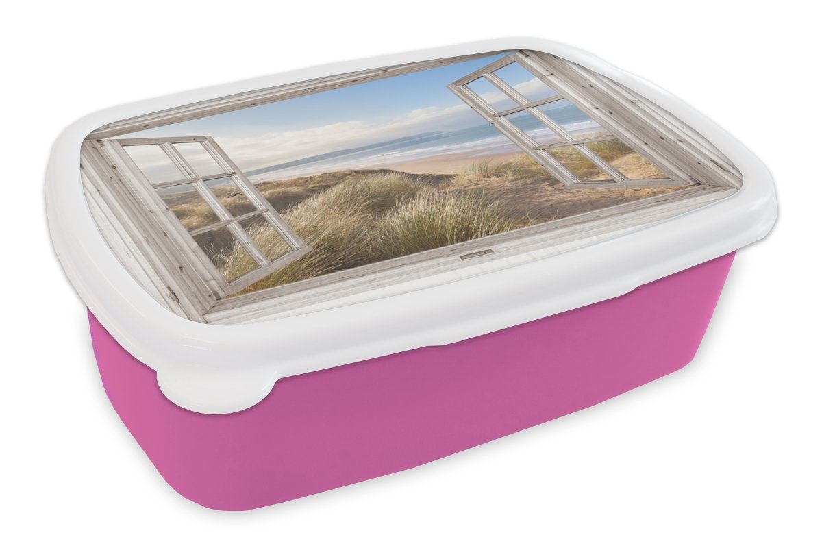 MuchoWow Lunchbox Durchblick - Strand - Meer - Dünen - Strandgras - Sand - Blau, Kunststoff, (2-tlg), Brotbox für Erwachsene, Brotdose Kinder, Snackbox, Mädchen, Kunststoff rosa