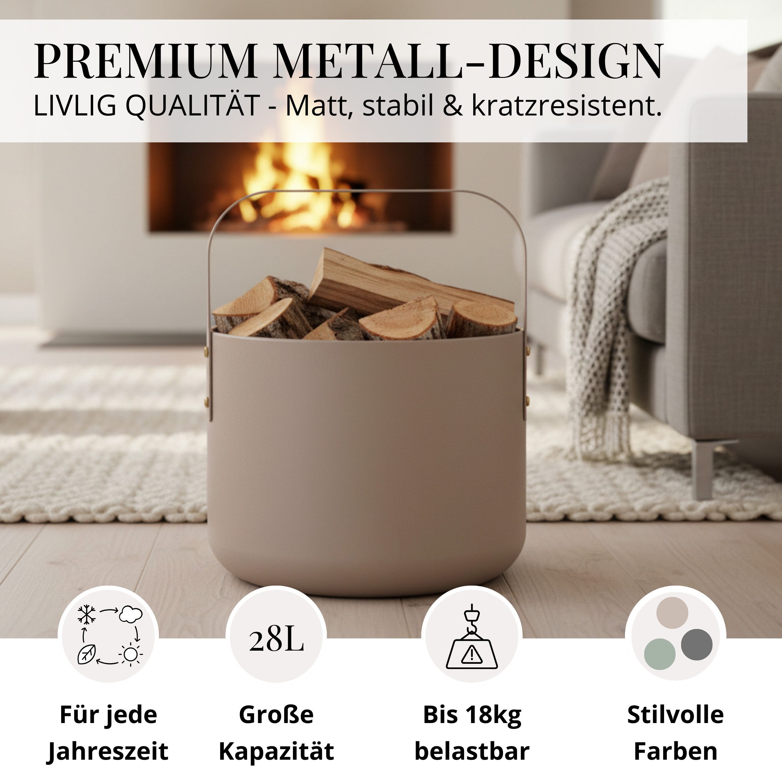 LIVLIG Kaminholzkorb Holzkorb Metall, Brennholzkorb, Kaminzubehör, Aufbewahrungskorb, elegantes Design, robustes Metall, stabiler Henkel, vielseitig nutzbar