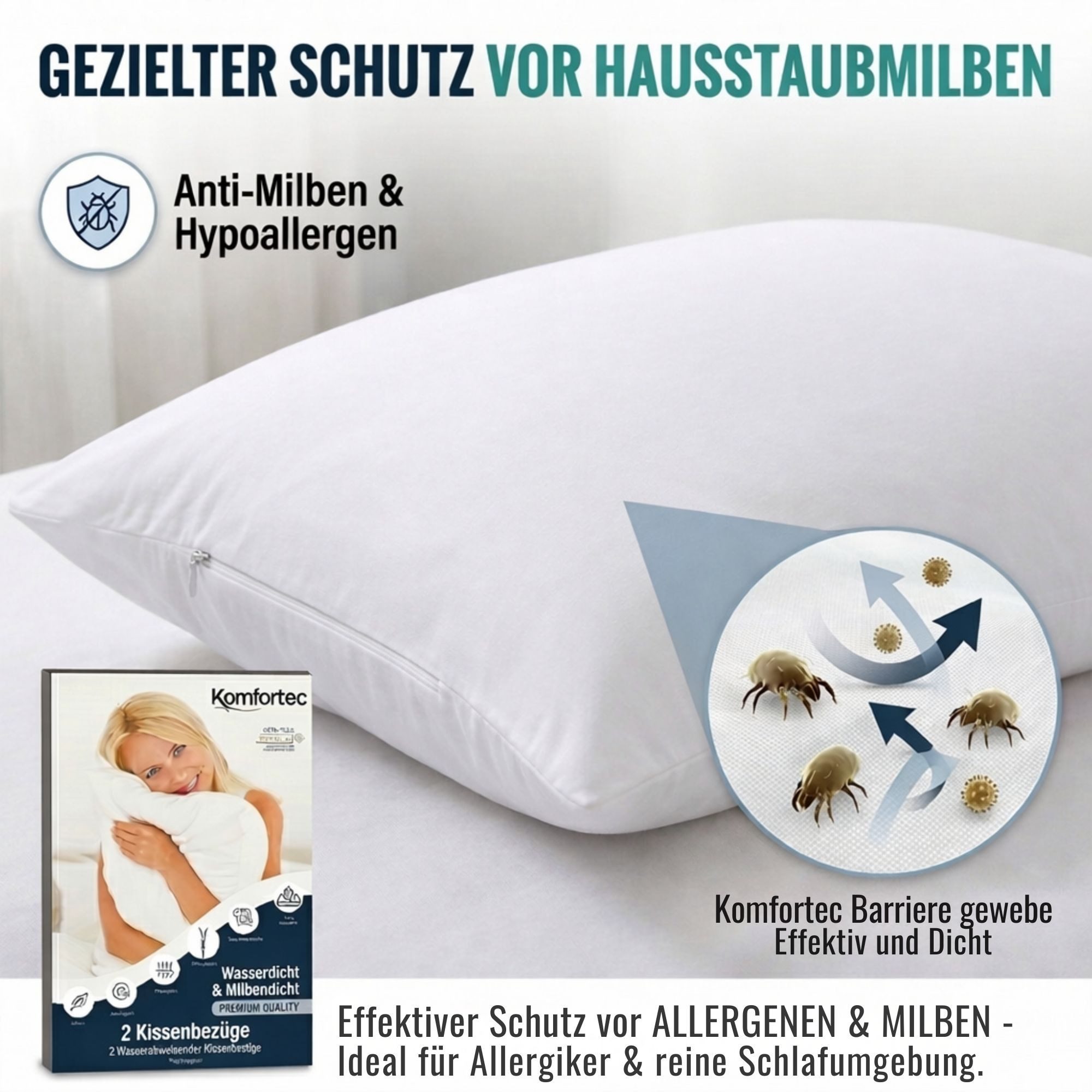 Komfortec Kissenbezüge Wasserdichter Kissenbezug Set, Hypoallergen Kopfkissenbezüge, (2 Stück), 40x40 cm mit Reißverschluss, Atmungsaktiv, Anti-Milben Kissenschoner