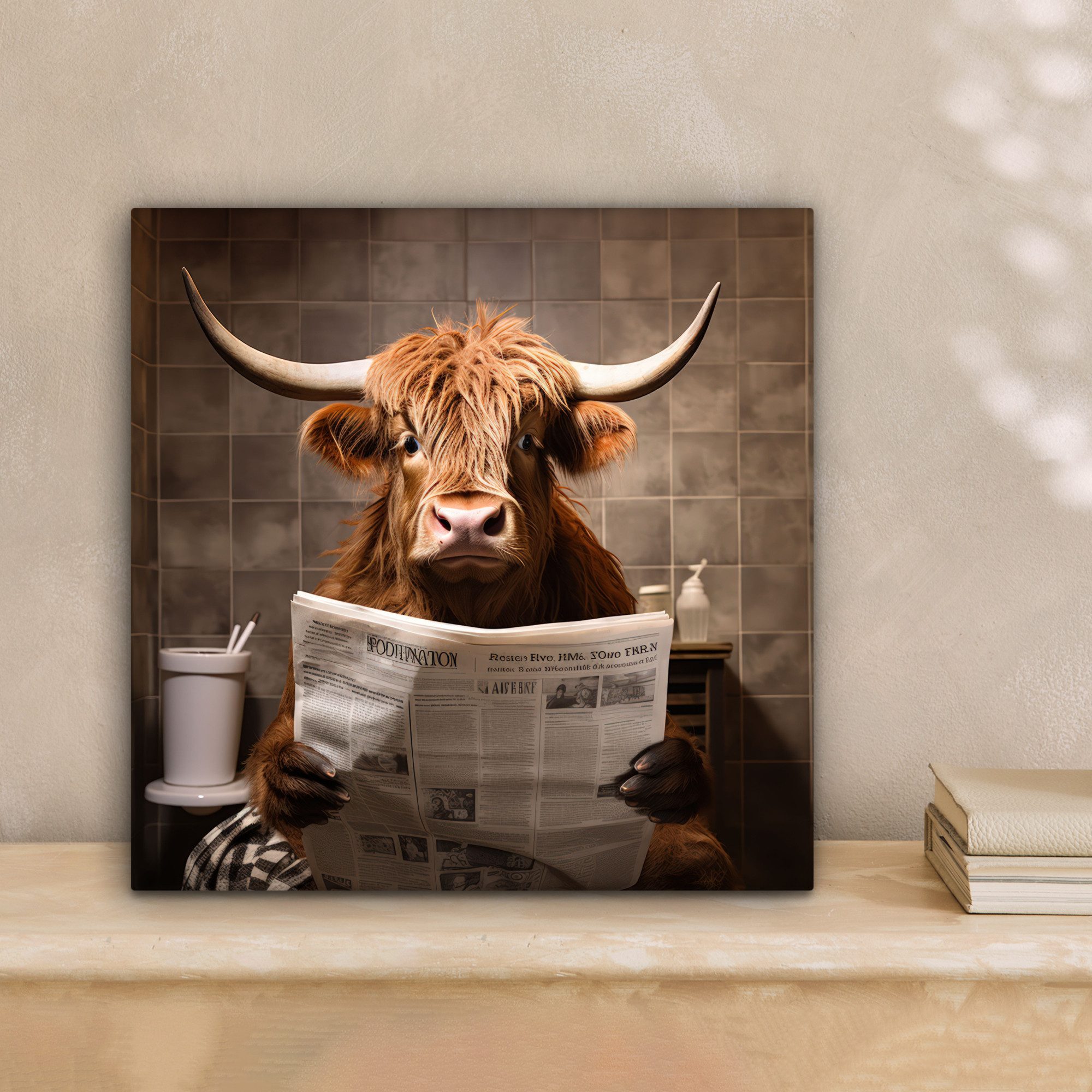 OneMillionCanvasses® Leinwandbild Schottische Highlander - Zeitung - Toilet günstig online kaufen