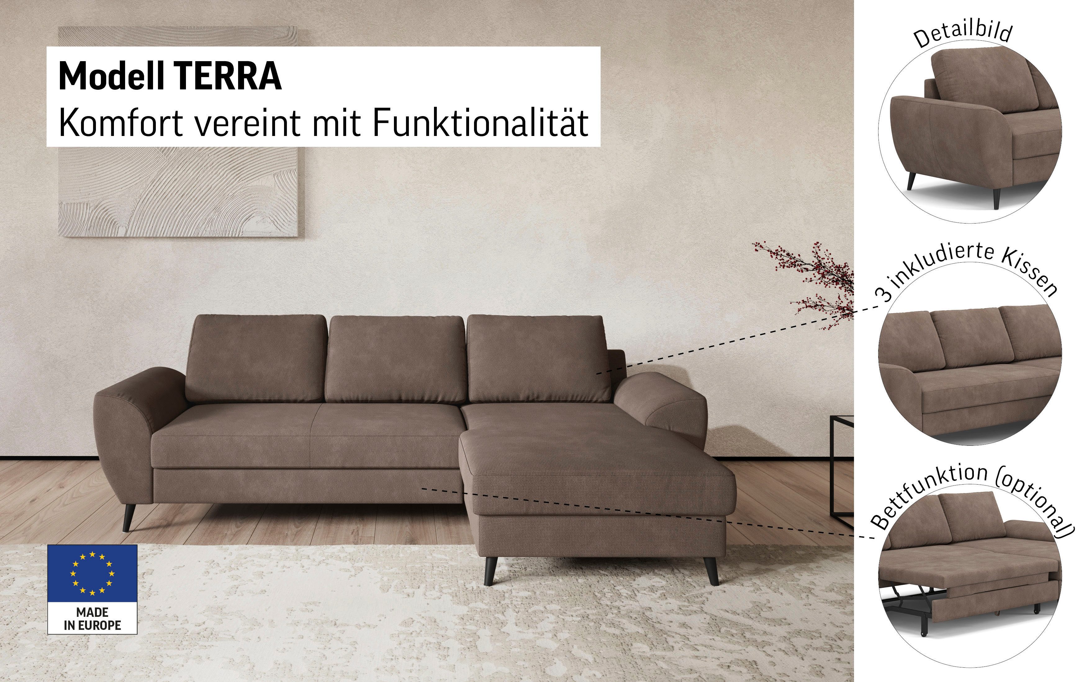 COTTA Ecksofa Terra L-Form, Breite 255 cm, wahlweise mit Bettfunktion