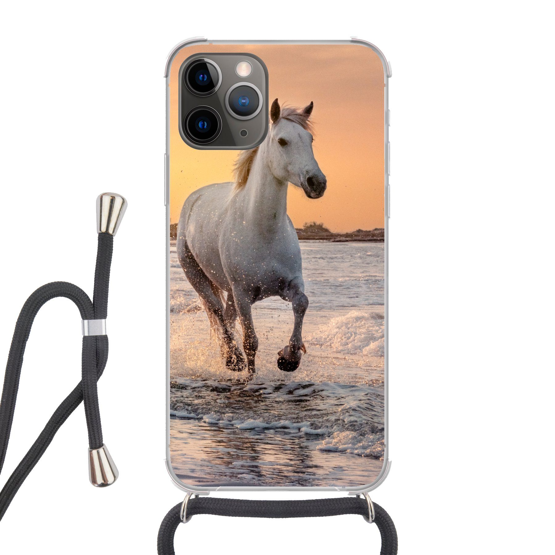 MuchoWow Handyhülle für Apple iPhone 12 Pro Pferde - Sonne - Meer - Strand - Tiere, Tragbare Handyhüllen mit Kette zum umhängen, Handykette Handyband