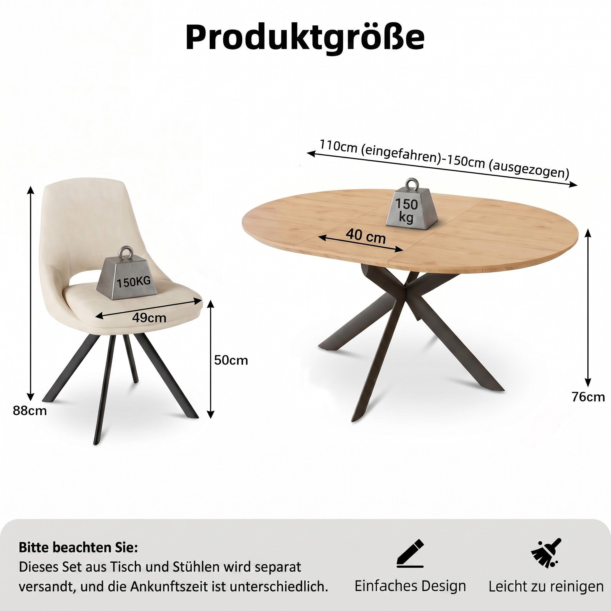 Jiexi Essgruppe Essgruppe rund ausziehbar zu oval MDF Tisch mit Flanell Stühlen