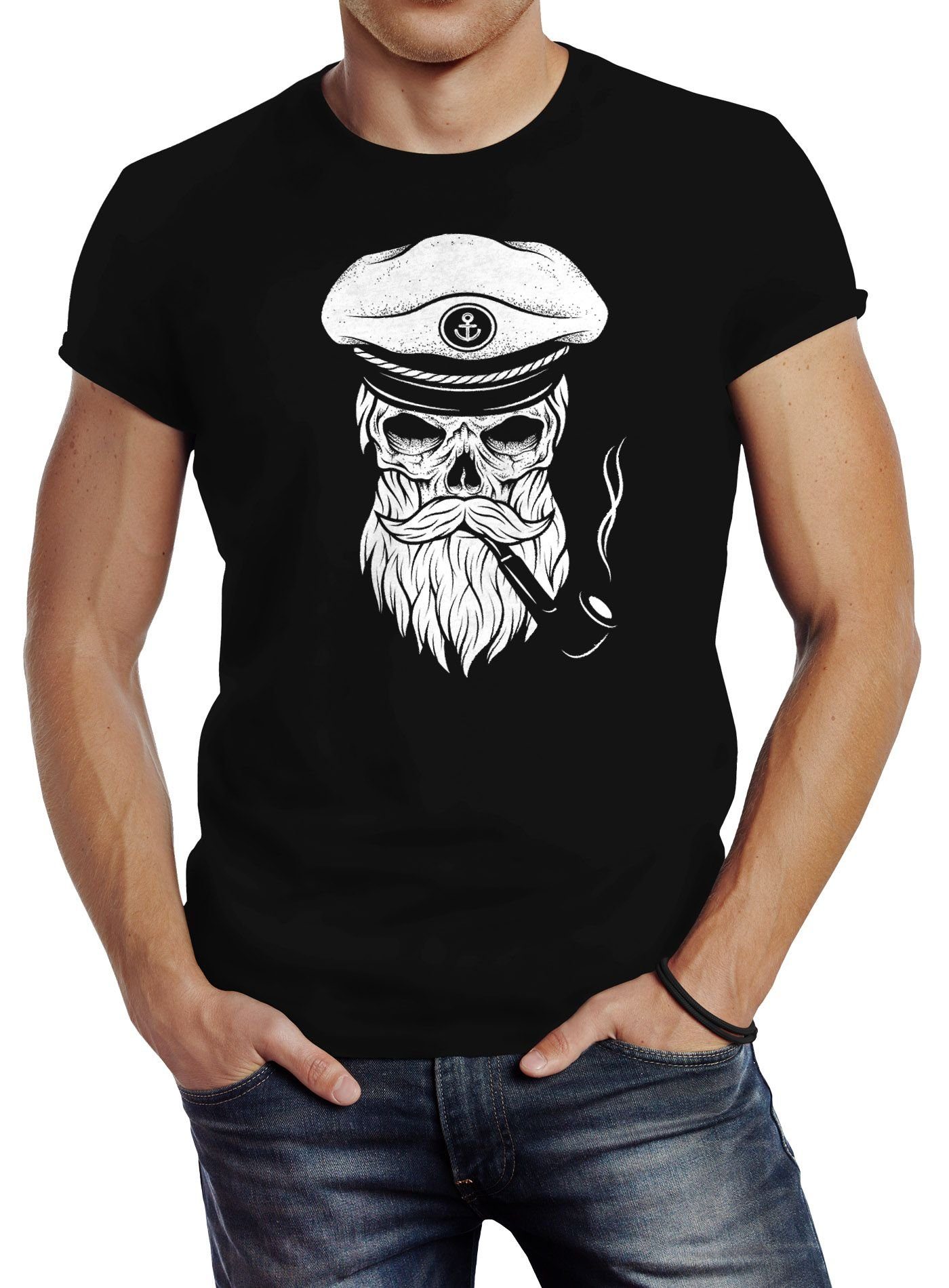 schwarz Neverless® Slim Print-Shirt Hipster Captain Fit mit Totenkopf Kapitän Skull T-Shirt Herren Neverless Print