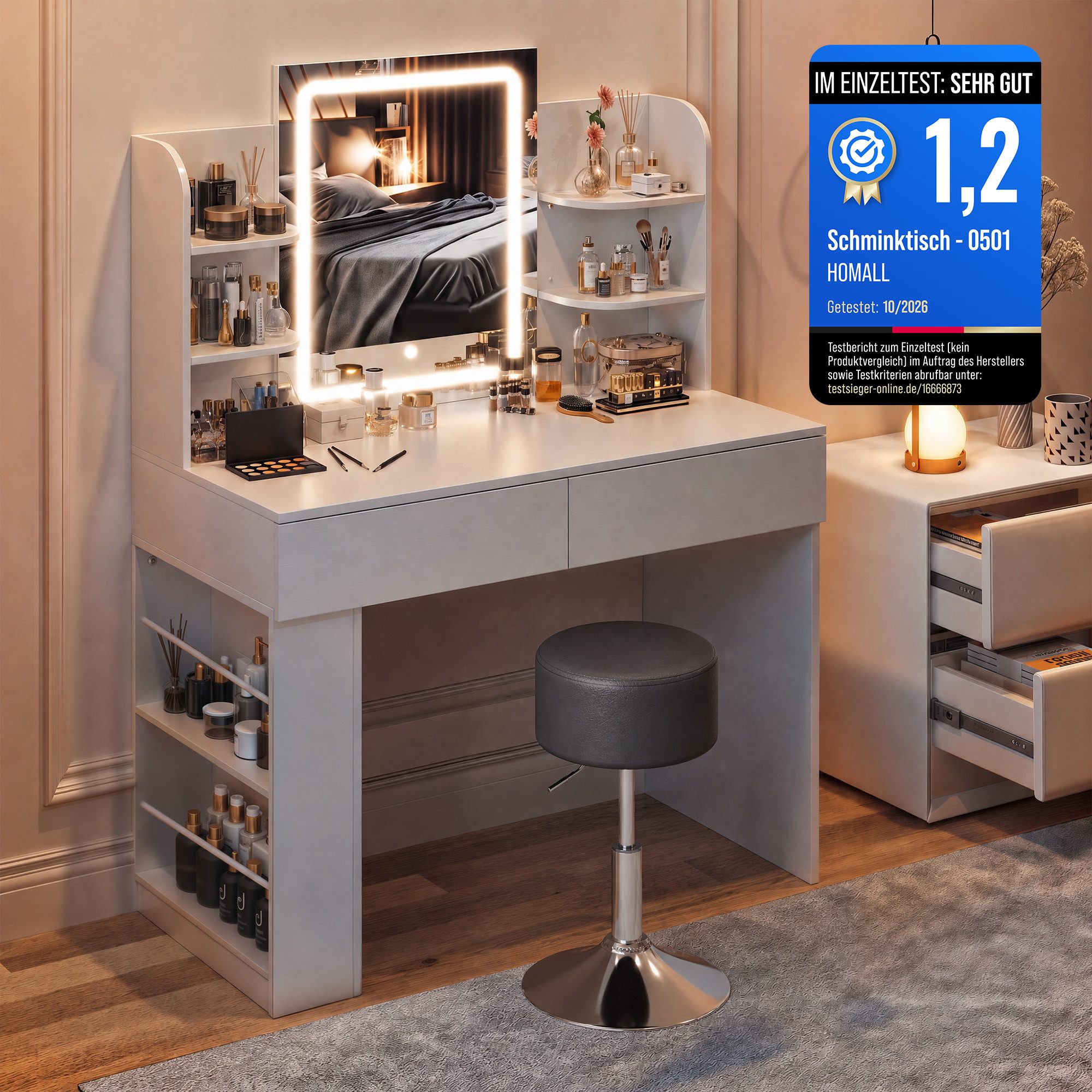 HOMALL Schminktisch mit Spiegel, LED-Beleuchtung, einstellbare Helligkeit, ostern (Langex Brete x Hthe) 90/110 x 40x 135 cm. B ofene Facher …