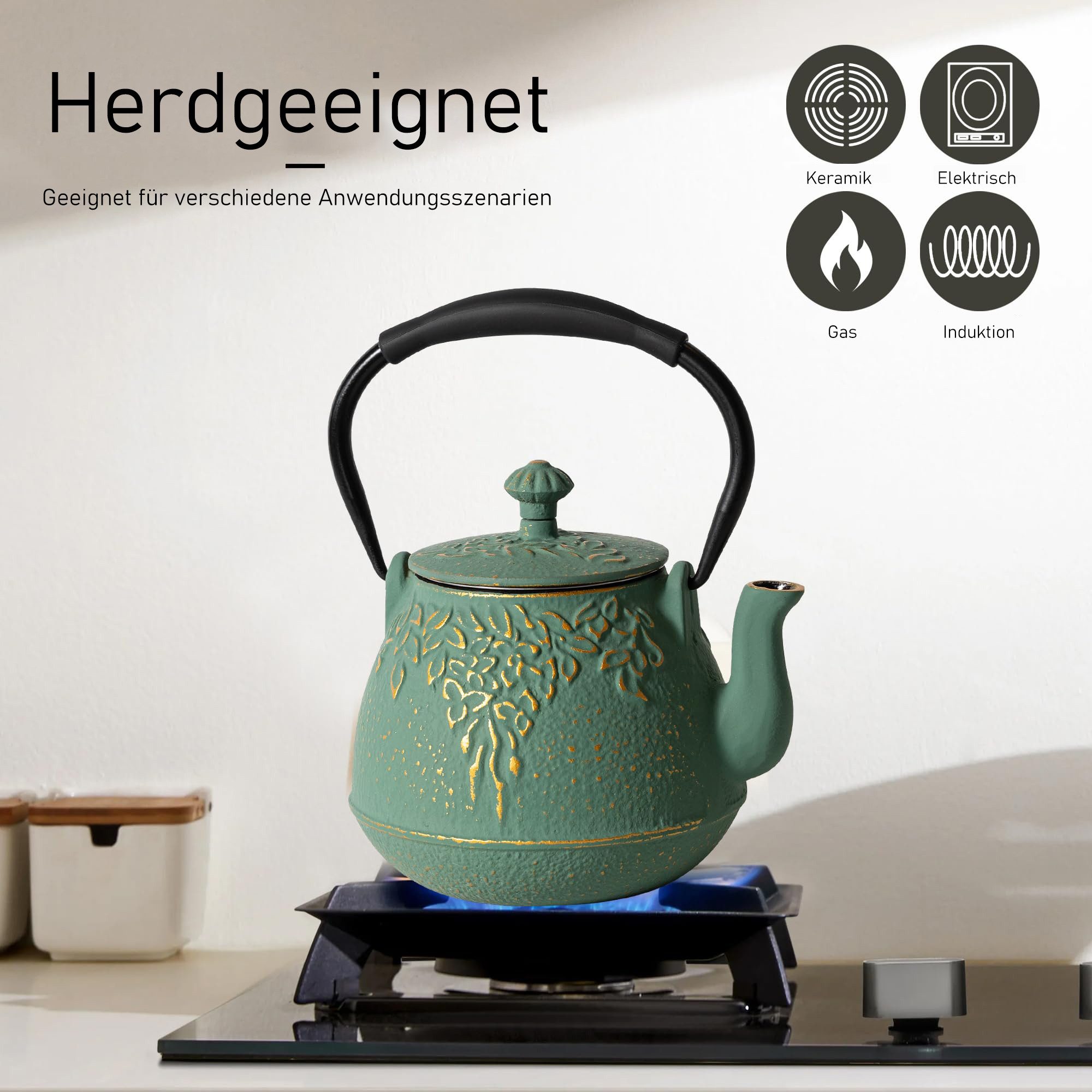 Vankel Teekanne Vielseitige Gusseisen Teekanne Kollektion mit Edelstahlfilter, Mehrere Farben & Muster, hitzebeständig mit Verbrühschutzgriff