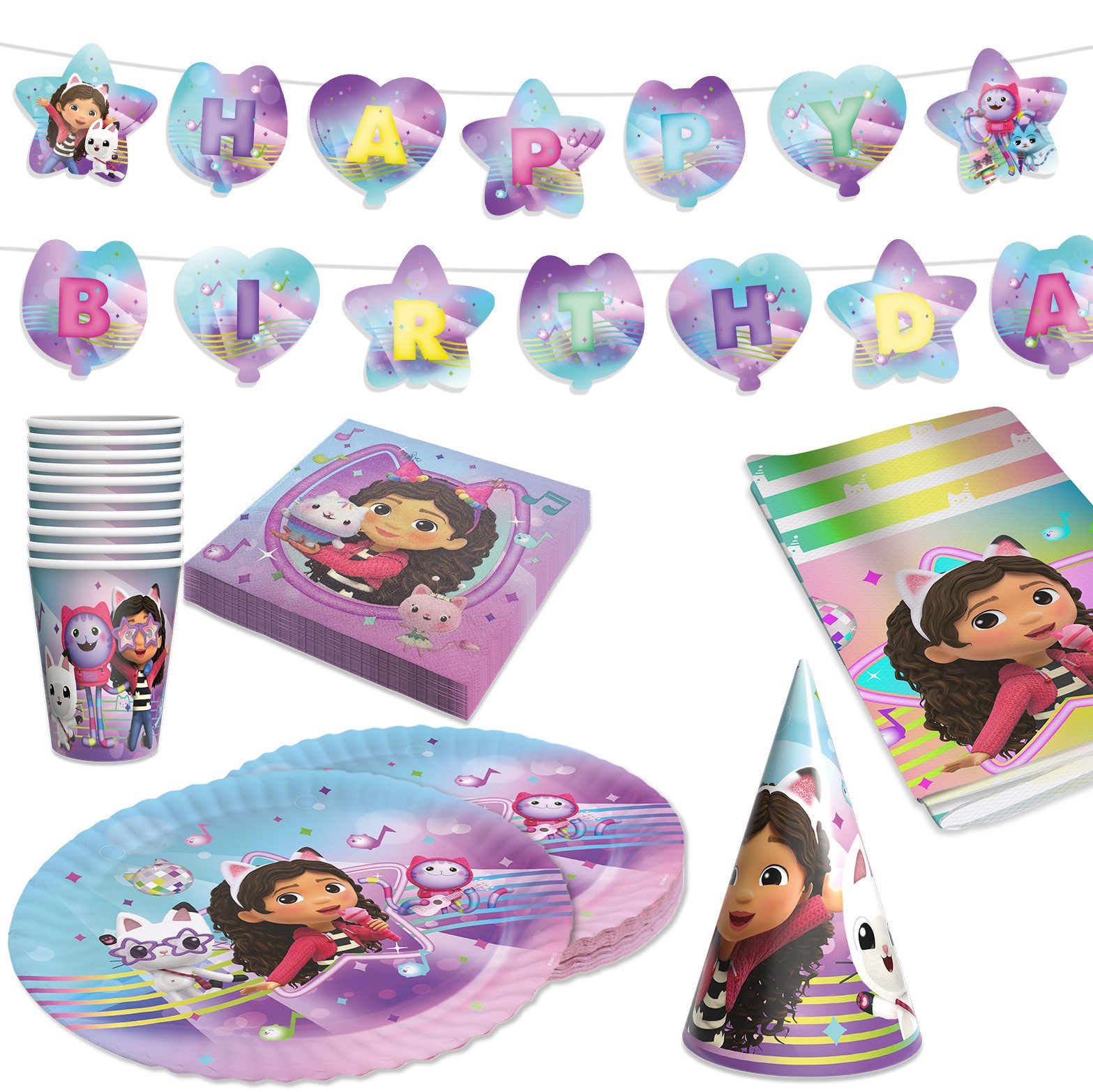 Party Factory Kindergeschirr-Set Gabby’s Dollhouse Partyset 48-tlg – Geschirr, Servietten, Deko & Hüte (48-tlg), 8 Personen, Papier, Partyset für 8 Personen