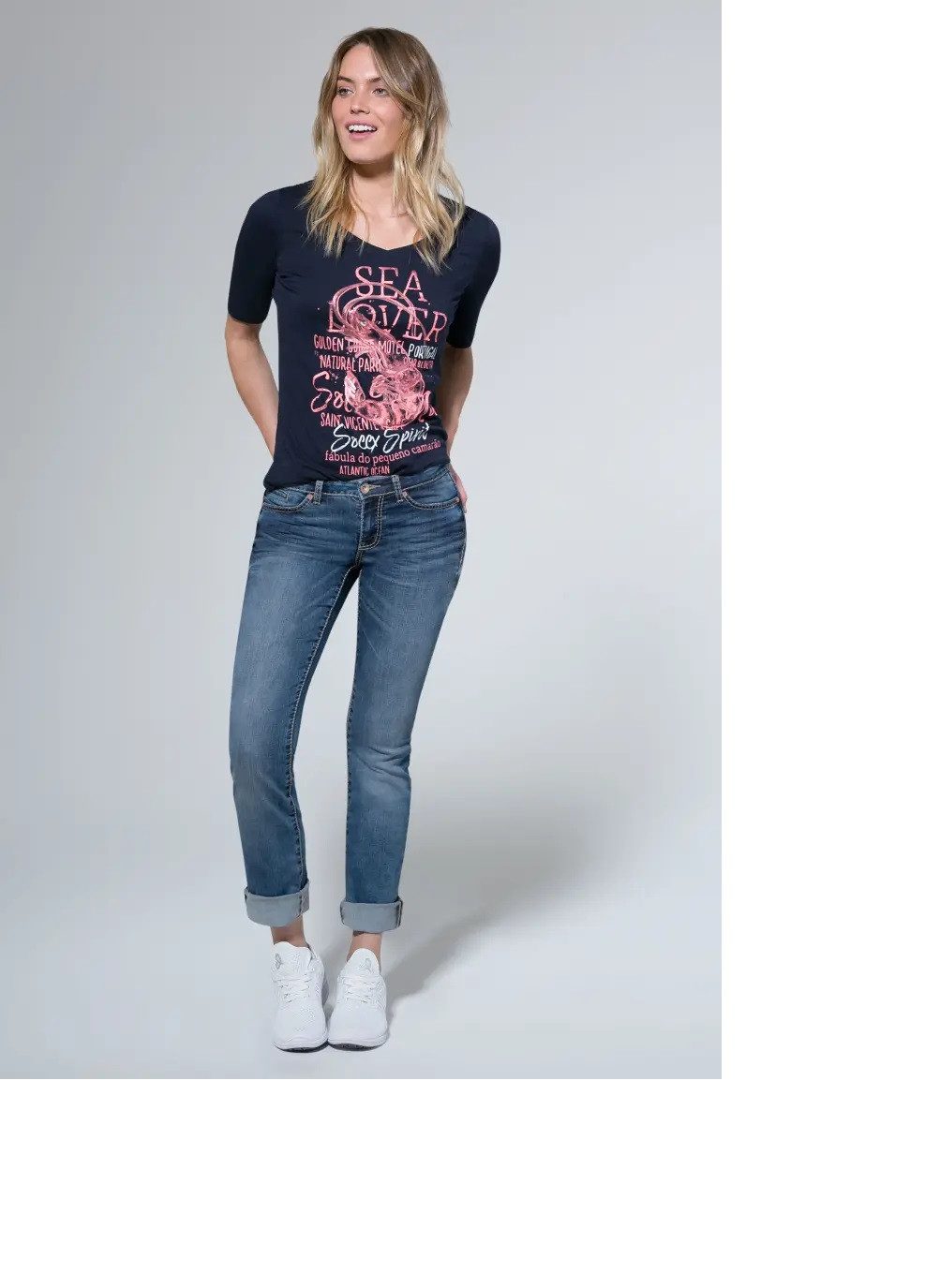 SOCCX Bequeme Jeans Damen Denim RO:MY Regular Fit dark stone used Recyceltes Polyester