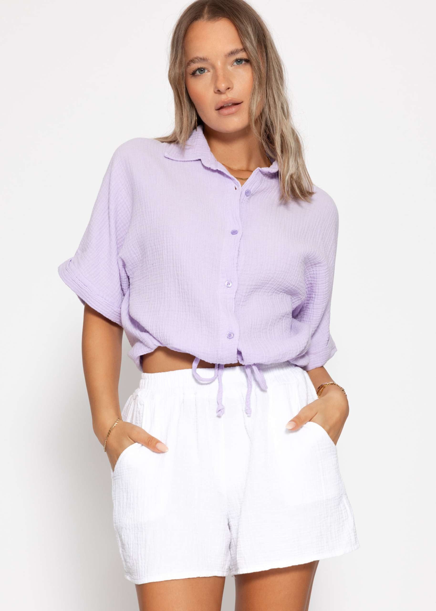SASSYCLASSY Langarmbluse Musselin Bluse mit Zugband für Damen Cropped Baumw günstig online kaufen