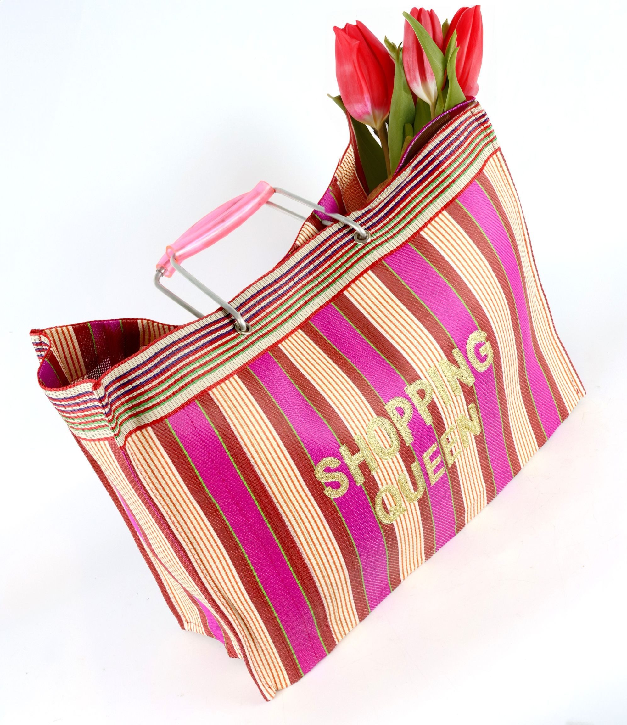 FURNARO Shopper, Einkaufstasche, Beschriftung Shopping Queen, Streifen 35x45x15 cm