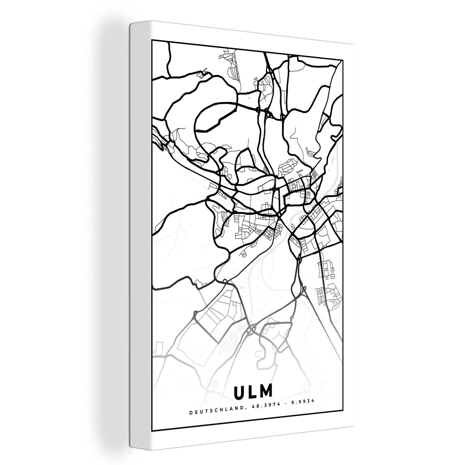 (1 cm bespannt Ulm 20x30 Gemälde, inkl. Leinwandbild fertig Zackenaufhänger, Leinwandbild - Karte OneMillionCanvasses® Stadtplan, - St),
