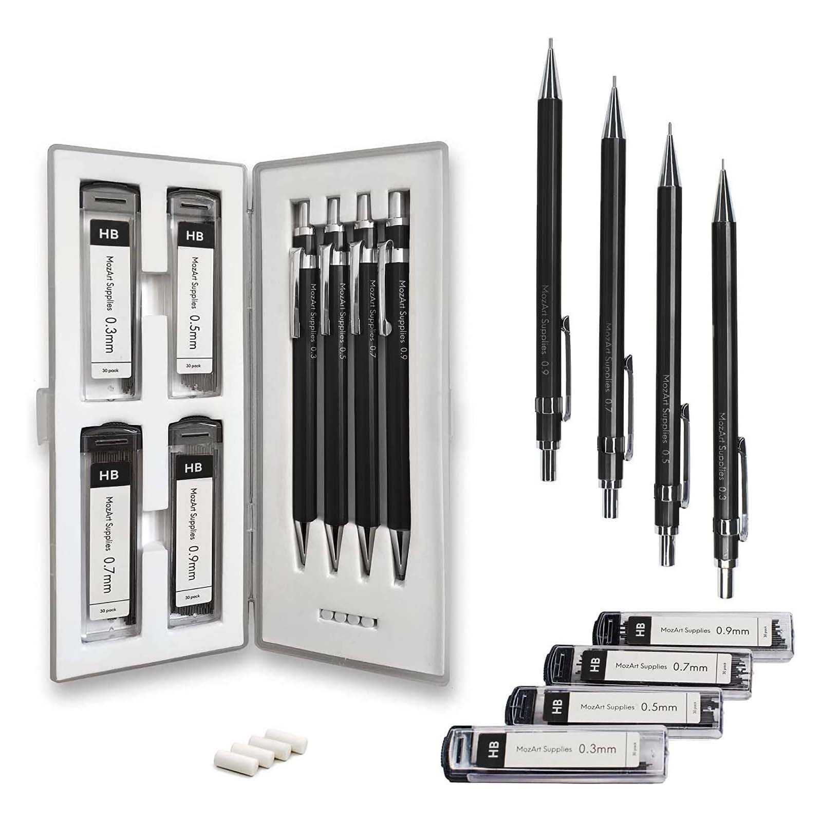 MozArt Supplies Druckbleistift 4er Set Skizzierstifte Schwarz Minen 0,3 – 0,9mm Bleistift, mit Radiergummis, Ersatzminen & Etui