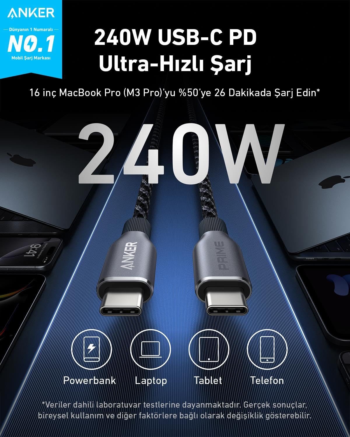 Anker A88E2011 Computer-Kabel, 240W, Upcycled-Flechtgewebe, 0,9m, USB-C auf USB-C