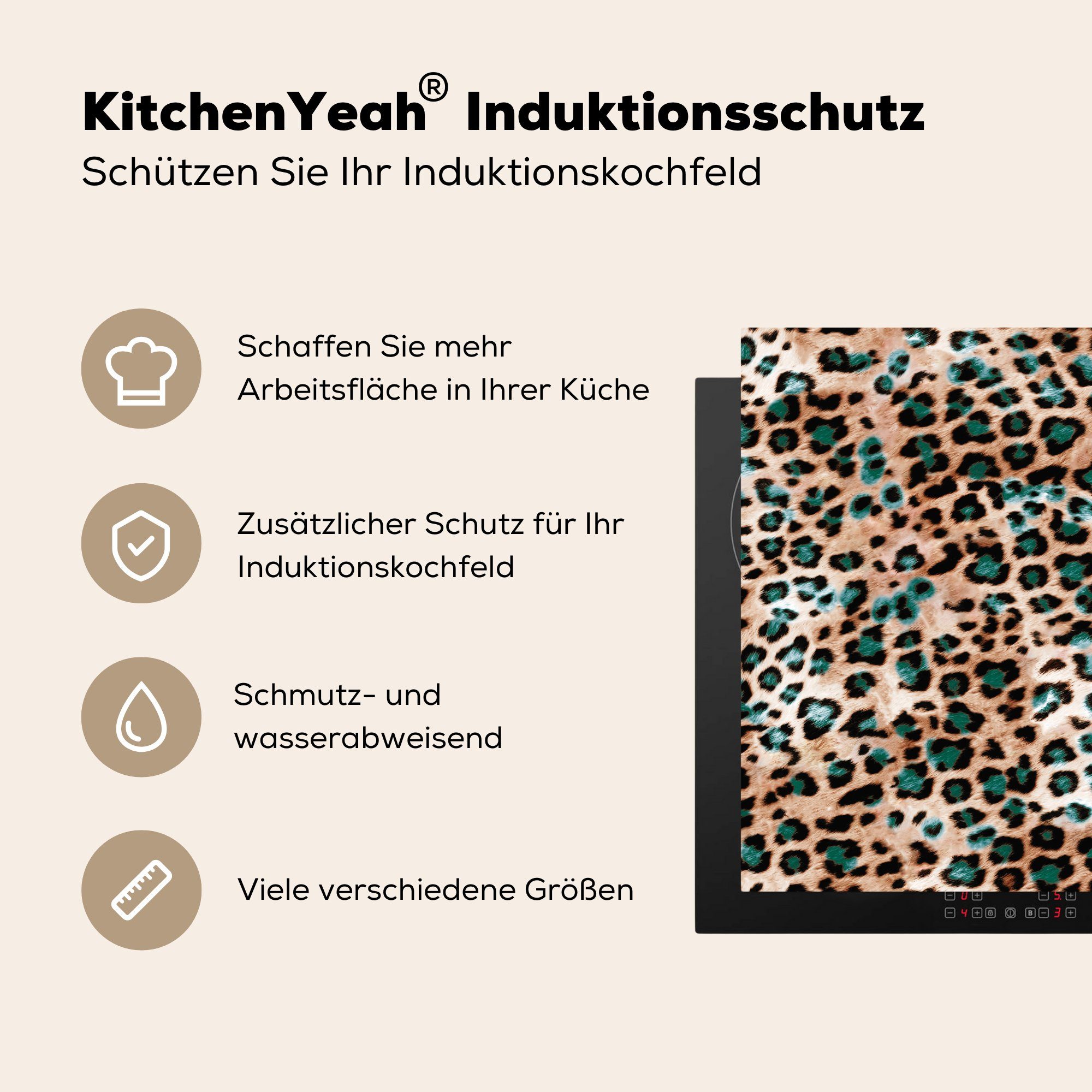 - Vinyl, küche MuchoWow (1 Arbeitsplatte für Grün, Herdblende-/Abdeckplatte tlg), Leopardenmuster 78x78 cm, Ceranfeldabdeckung,
