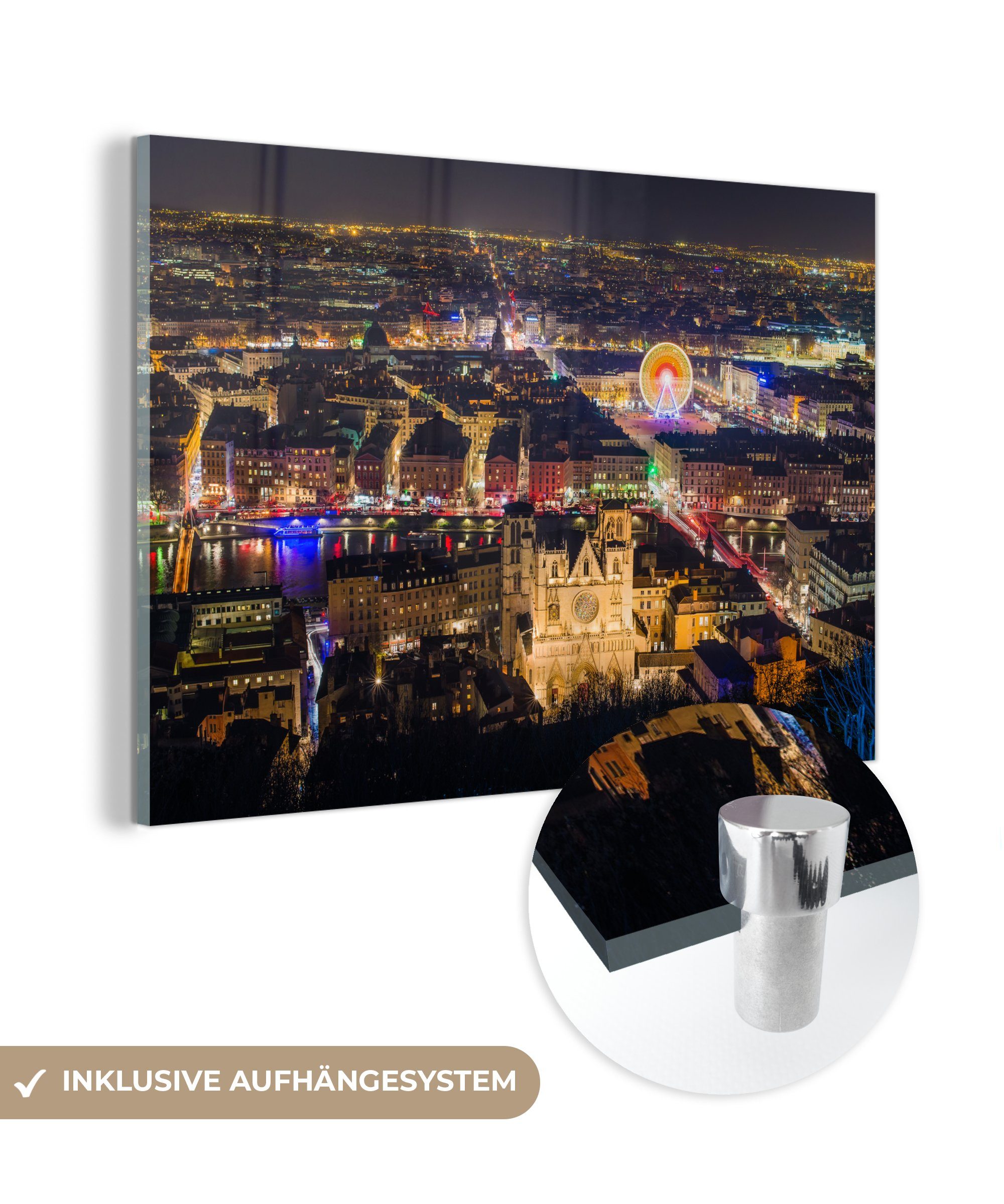 MuchoWow Acrylglasbild Blick über Lyon bei Nacht in Frankreich, (1 St), Acrylglasbilder Wohnzimmer & Schlafzimmer