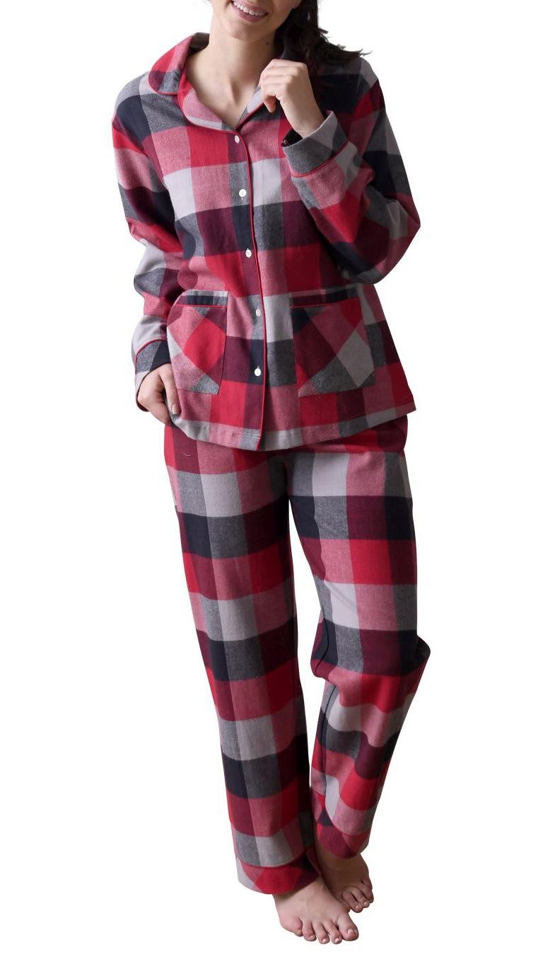 Normann Pyjama Damen Flanell Schlafanzug in edlen Karodesign - auch in Übergrößen