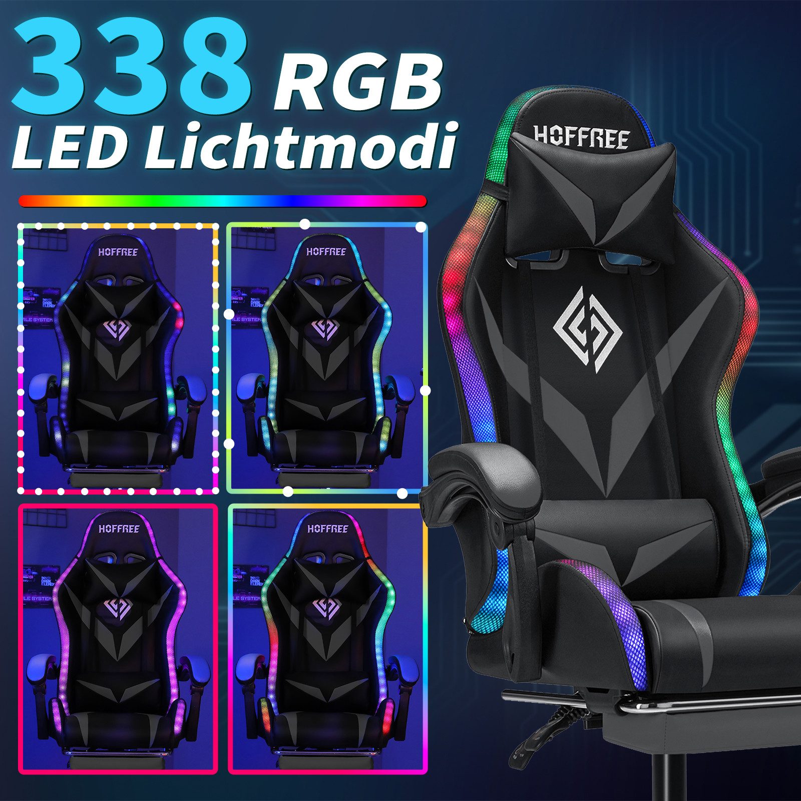 AUDEW Gaming-Stuhl 338 LED RGB Ergonomisch Bürostuhl mit Fußstütze und Lendenkissen (90°–135° verstellbare Rückenlehne, 10cm Sitzhöhe verstellbar), Computerstuhl Maximale Belastbarkeit: 160kg