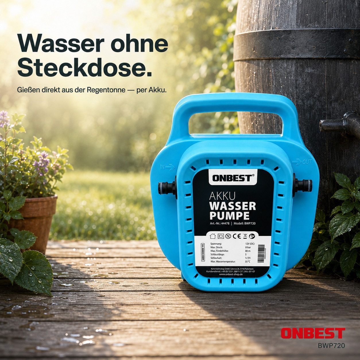 Onbest Wasserpumpe Akku Gartenpumpe selbstansaugend inklusive Gartenbrause, Druckschalter, Schnellkupplung, 12V, 8bar, 50-90W, 80m, 7-12 l/min