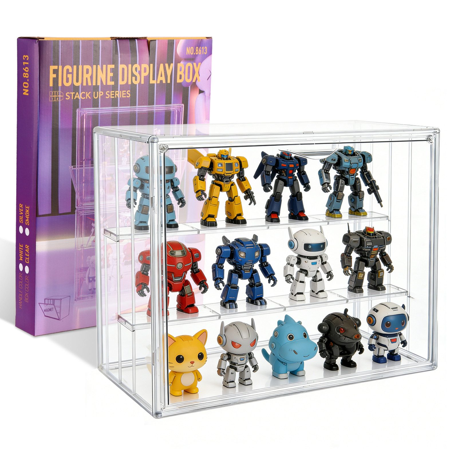 BlingBin Vitrine Dreistöckige transparente Acryl-Vitrine mit staubdichter Tür (1er Set, 1-St., 36 × 22 × 26.5 cm) mehrstufige Ausstellungsregale für Sammelfiguren, Modelle und Cupcakes