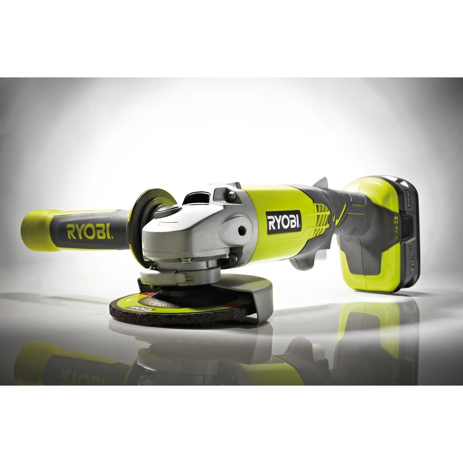 RYOBI Akku-Winkelschleifer 115 mm Trennschleifer, max. 7500 U/min, (4 tlg), inkl. 4 Ah Akku, Ladegerät und Werkzeugtasche