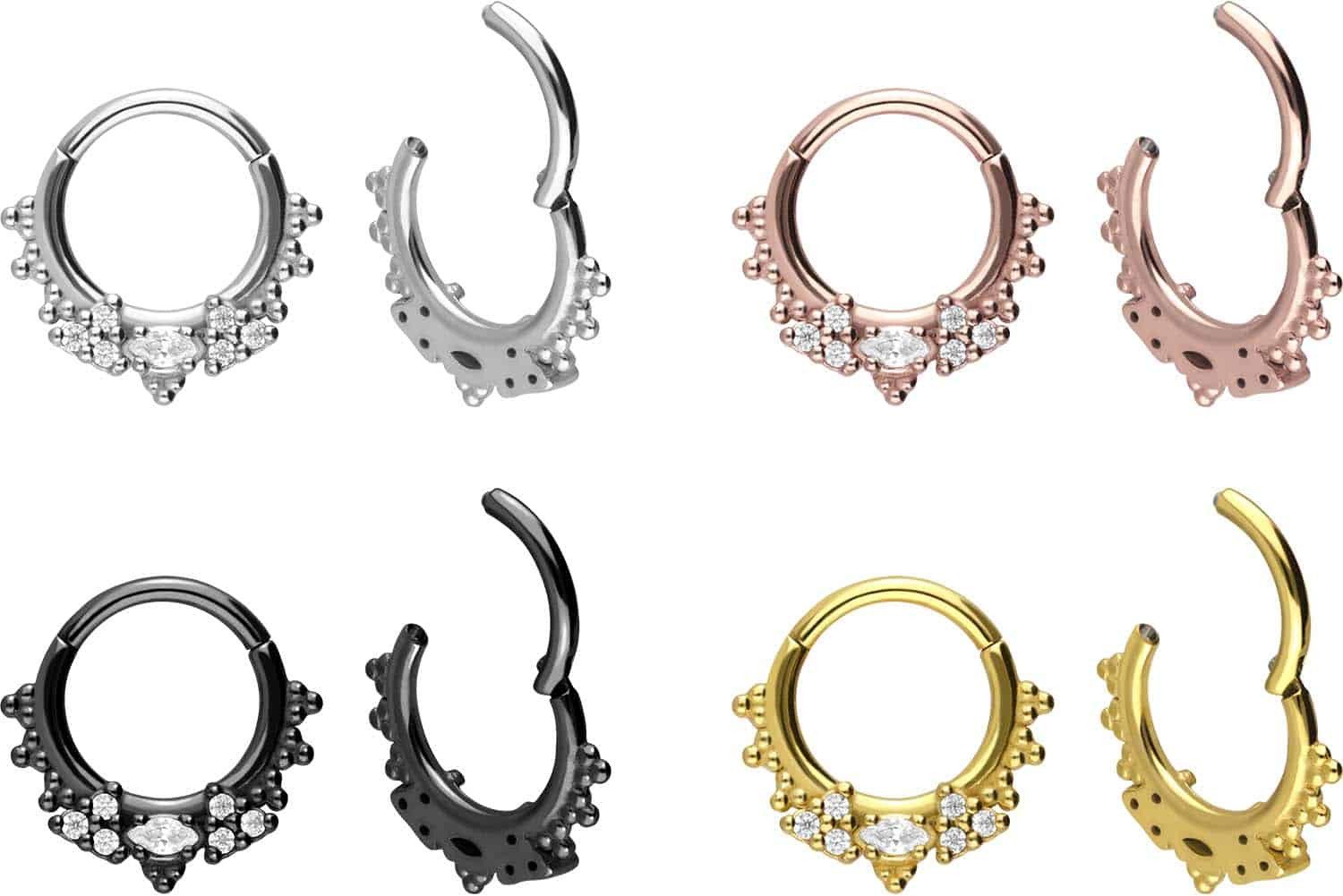 PIERCINGLINE Nasenpiercing Chirurgenstahl Segmentring Clicker 7 EINGEFASSTE KRISTALLE + KUGELN (Clicker, 1-tlg), Ohrpiercing für Conch, Helix, Tragus, Daith, Lobe