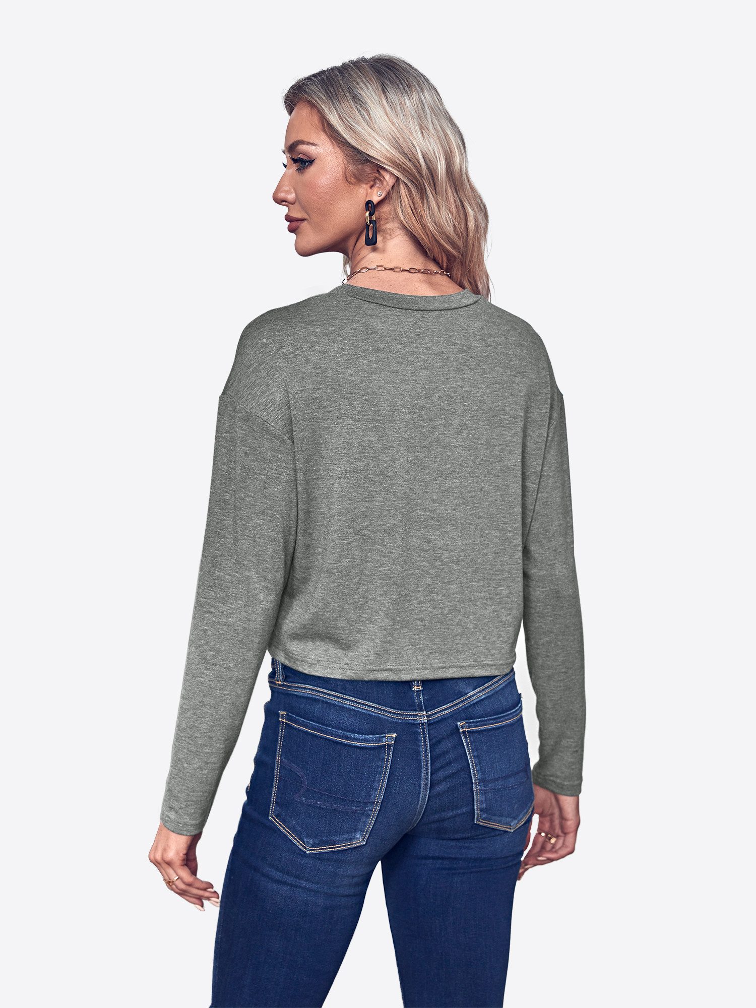 Imily Bela Langarmshirt Damen Cropped Rundhalsausschnitt Loose Fit Basic (Packung, 1-tlg., 1per-Pack) in Unifarbe – Bild 2 von 5