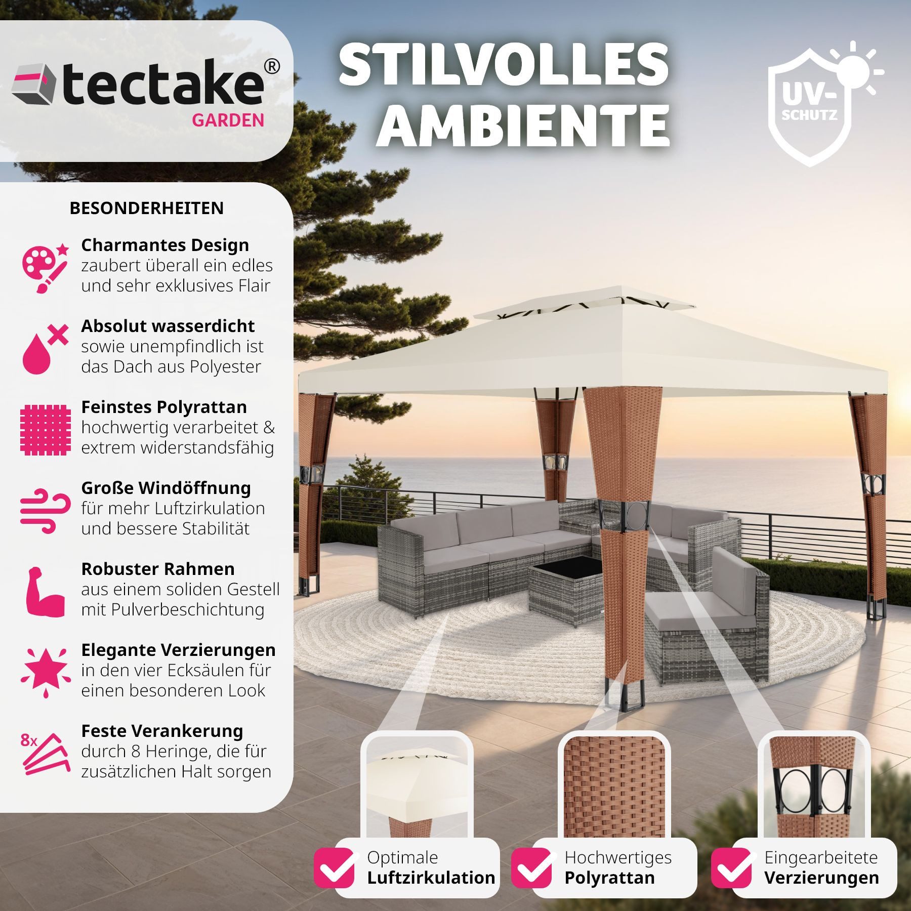 tectake Pavillon Rattan Gartenpavillon, mit 0 günstig online kaufen