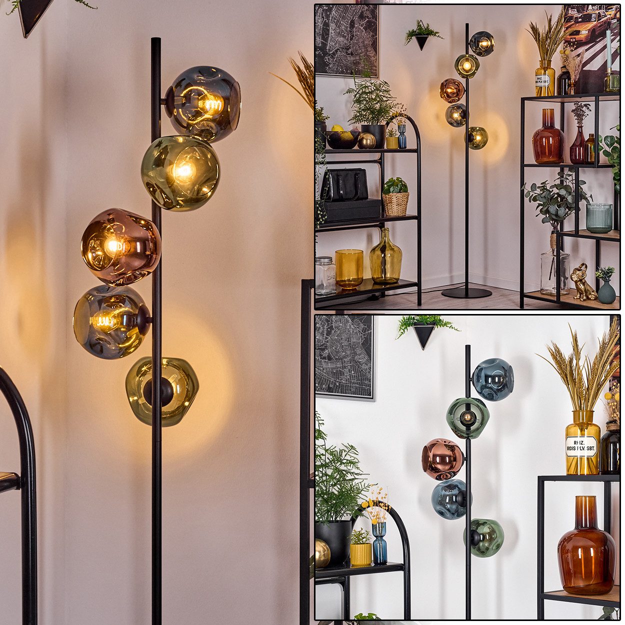 hofstein Stehlampe Stehlampe aus Metall/Glas in Schwarz/Kupfer/Blau/Grün, Retro-Design, ohne Leuchtmittel, moderne Stehleuchte, Ø Schirme 15 cm, Fußschalter, 160 cm, E14