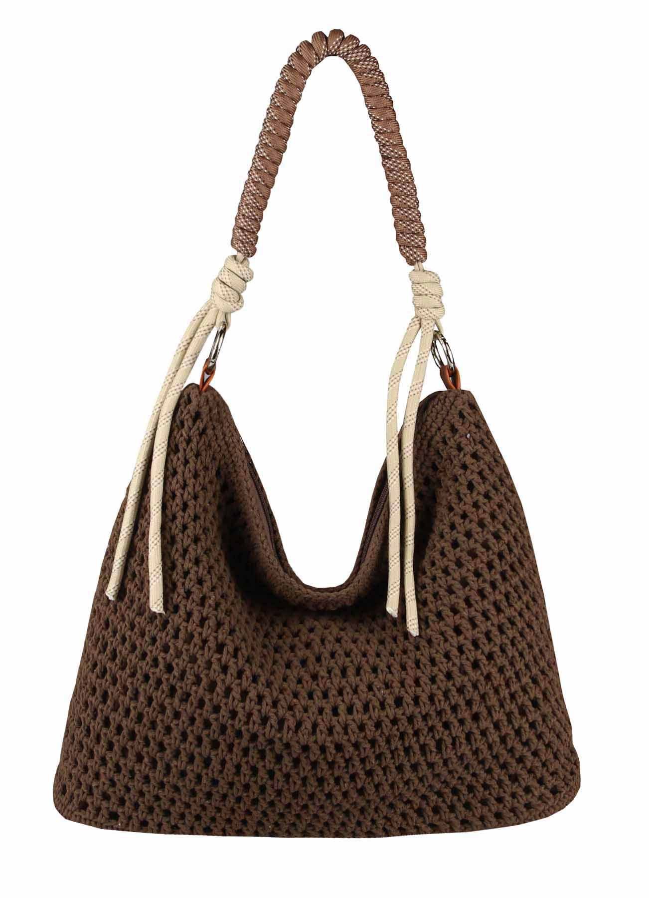 ITALYSHOP24 Schultertasche DAMEN TASCHE Boho Shopper Strohtasche Hobo Geflecht Häkeltasche Textil, Sommer Basttasche Strand Retro Reise Freizeit Urlaub Beuteltasche