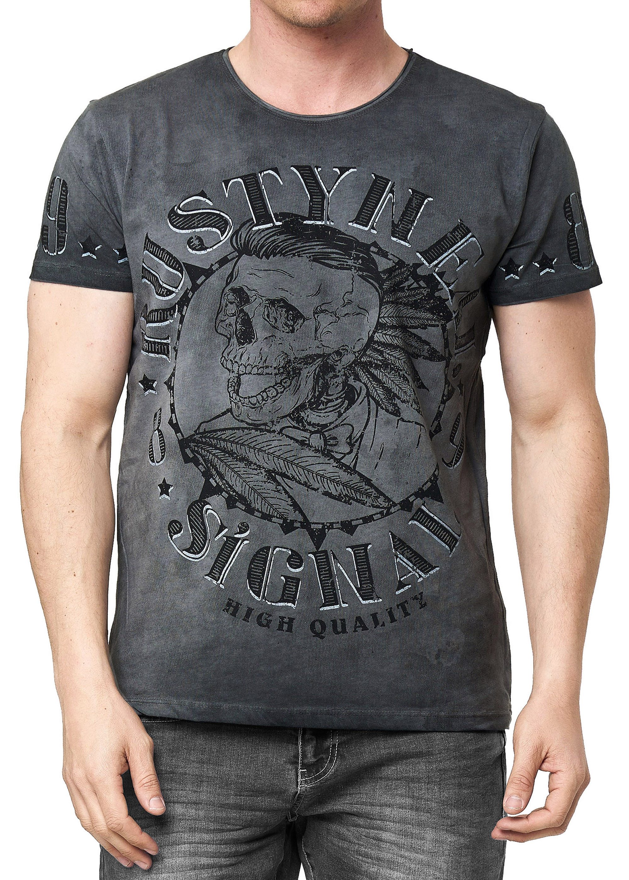 T-Shirt T-Shirt Verwaschen Regular Printed Oil Washed Roundneck S M L XL XXL