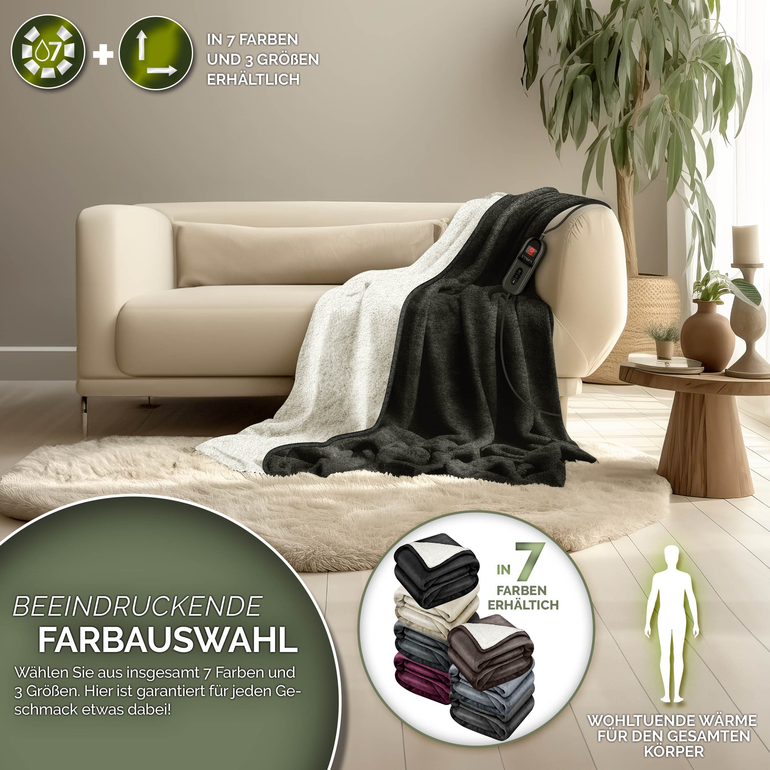 sinnlein Heizdecke mit Abschaltautomatik Elektrische Wärmedecke, mit 9 Temperaturstufen Kuscheldecke Bett, Sofa, Decke elektrisch mit Timer Digitalanzeige, 9 Temperaturstufen
