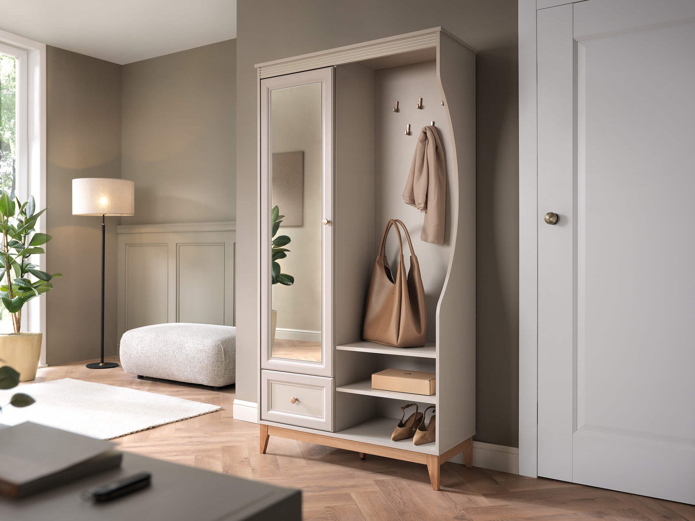 Beautysofa Garderobenschrank Charlott Kaschmir (mit Spiegel, Kleiderstange & offener Schuhablage) Breite: 100 cm