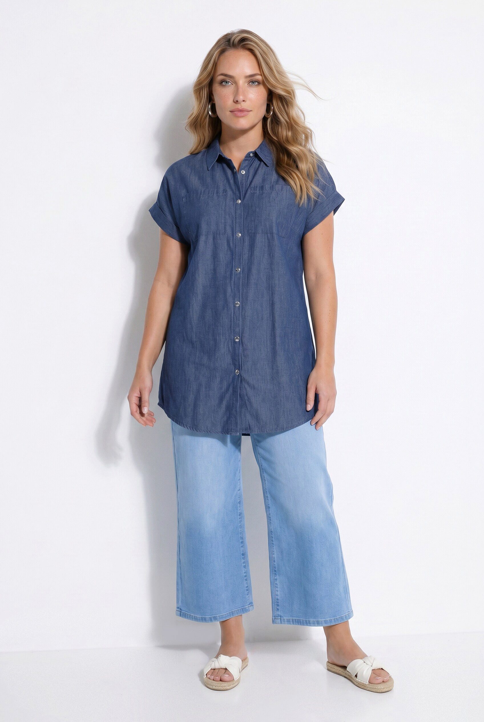 Angel of Style Hemdbluse Long-Jeanshemd oversized Halbarm mit Umschlag