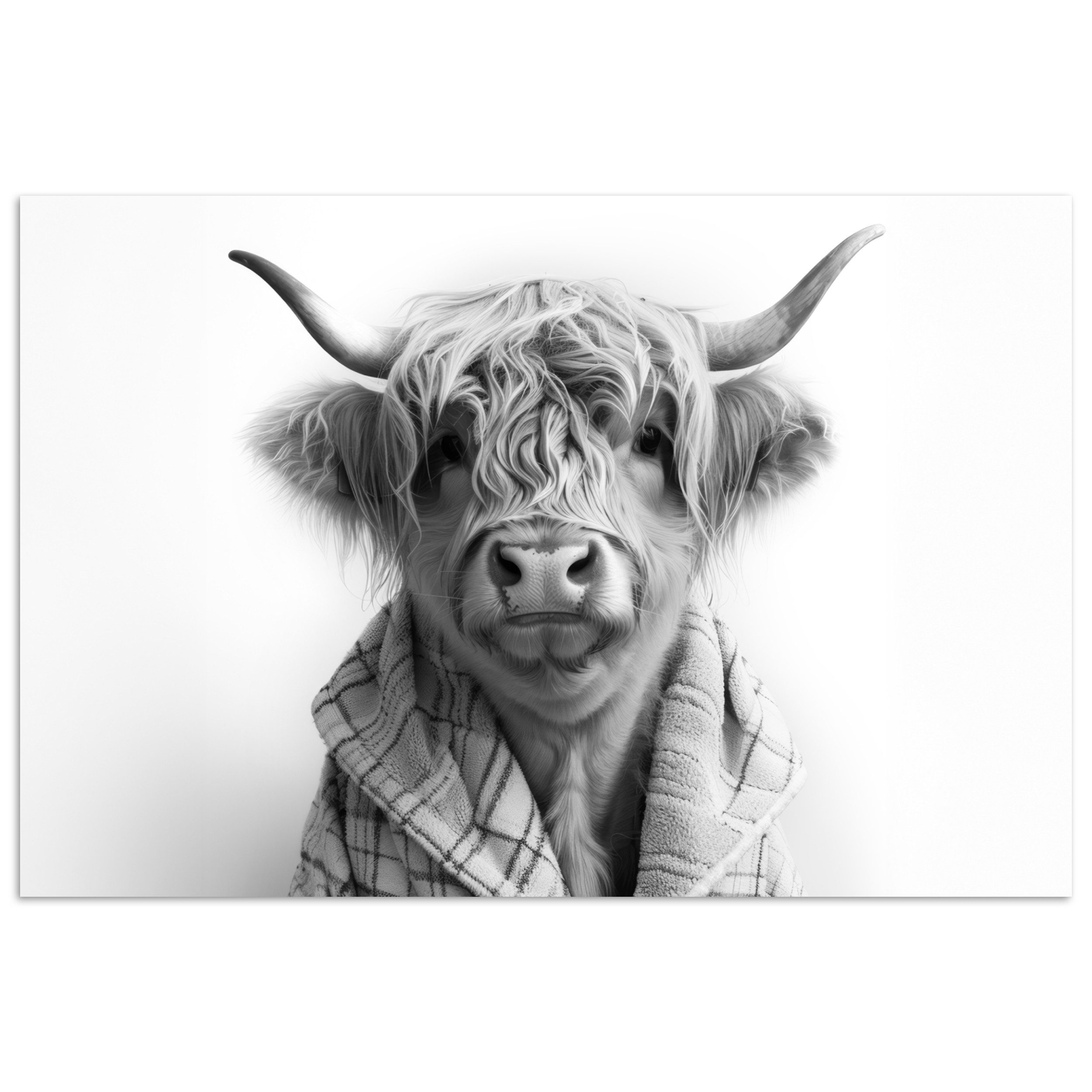 MuchoWow Poster Schottischer Highlander - Kuh - Bademantel - Schwarz und weiß, (1 St), Poster ohne Rahmen, Wandbild, Wandposter, 60x40 cm