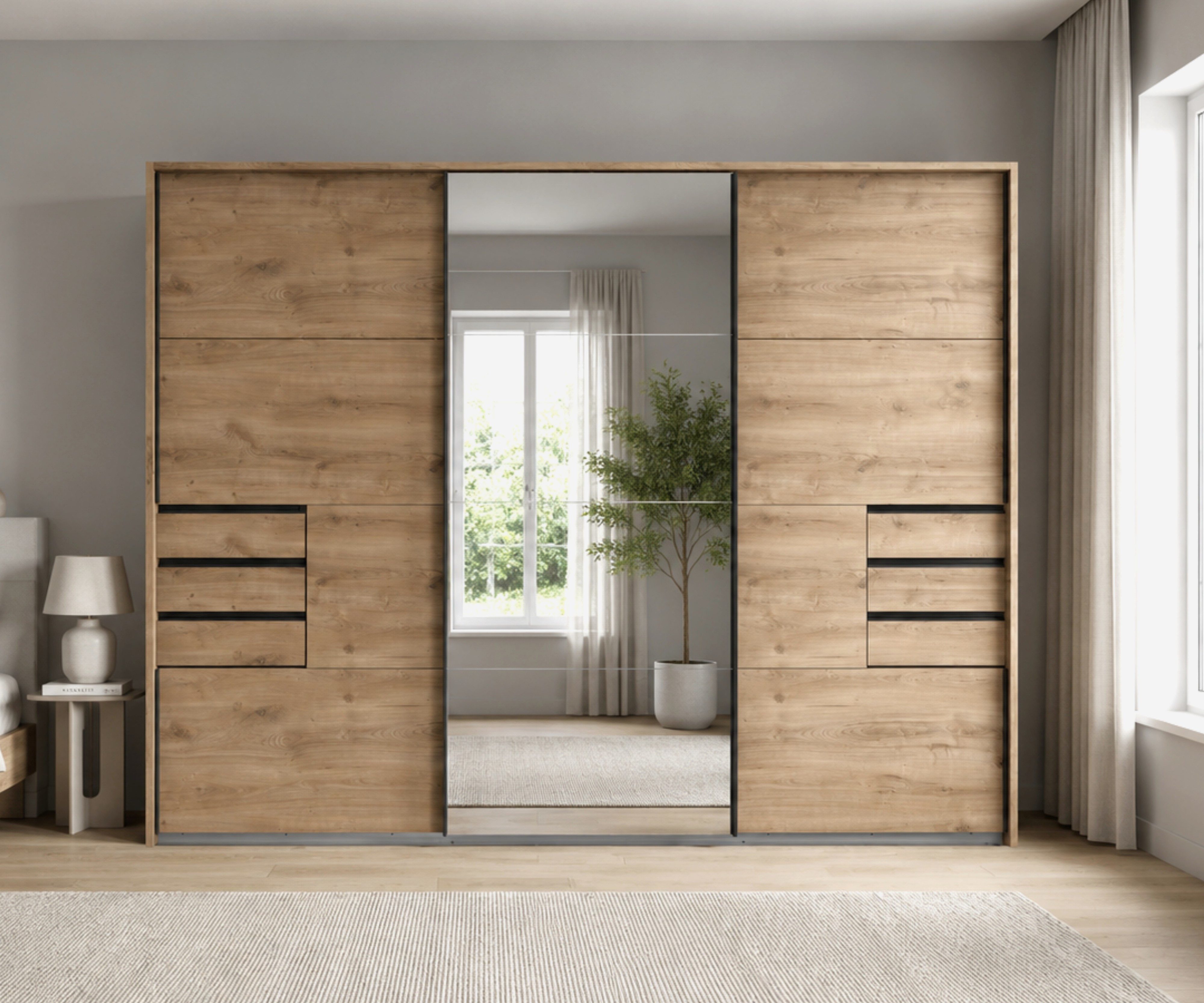 luma-home Schwebetürenschrank 22618 (B273/H213/T64 cm Kleiderschrank mit Passepartout, Vollausstattung, schwarze Griffleisten) in Eiche Dekor mit 6 sichtbaren Schubladen und Mitteltür Spiegelfront