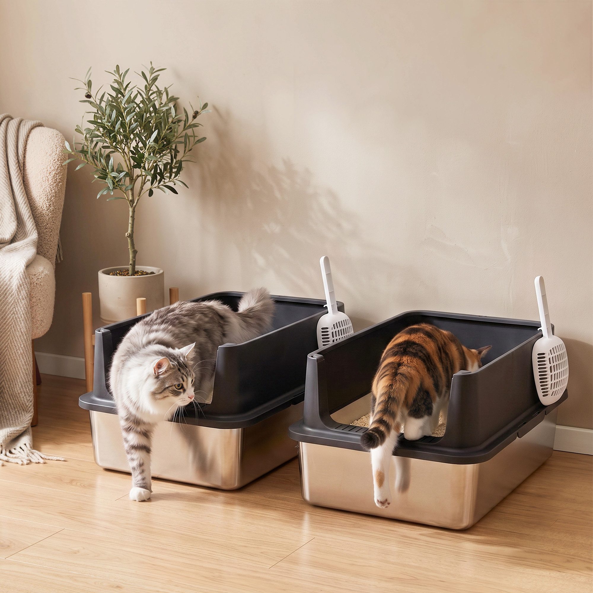 PawHut Katzentoilette 2er-Set Katzenklo Edelstahl XL mit Hohem Rand Deckel, mit 2 Schaufeln, für Große Katzen bis 8 kg und Mehrkatzen