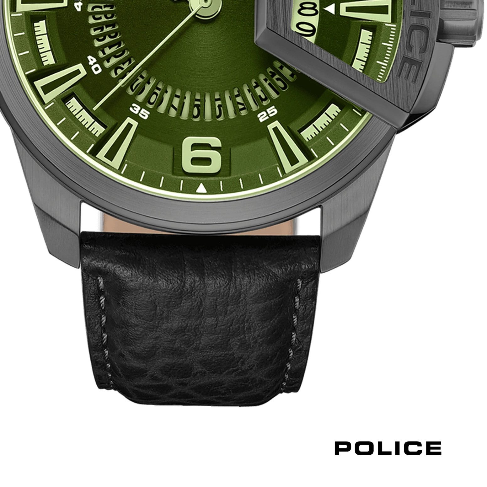 Police Quarzuhr Police Herrenuhr Leder schwarz, (Analoguhr), Herrenuhr rund, extra groß (ca. 46x53mm) Lederarmband